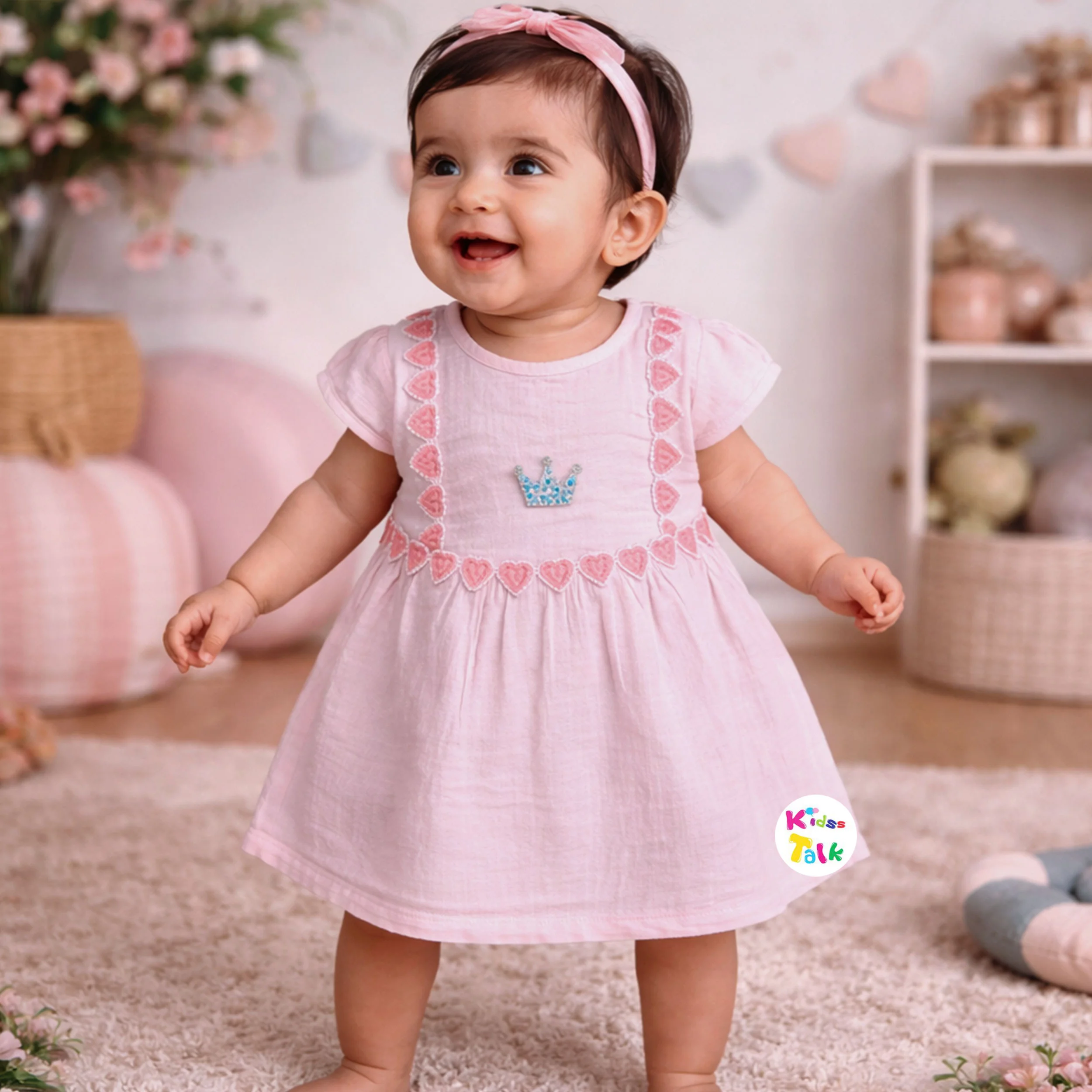 Muslin Half Sleeve Frock With Cute Patch Work - Peach