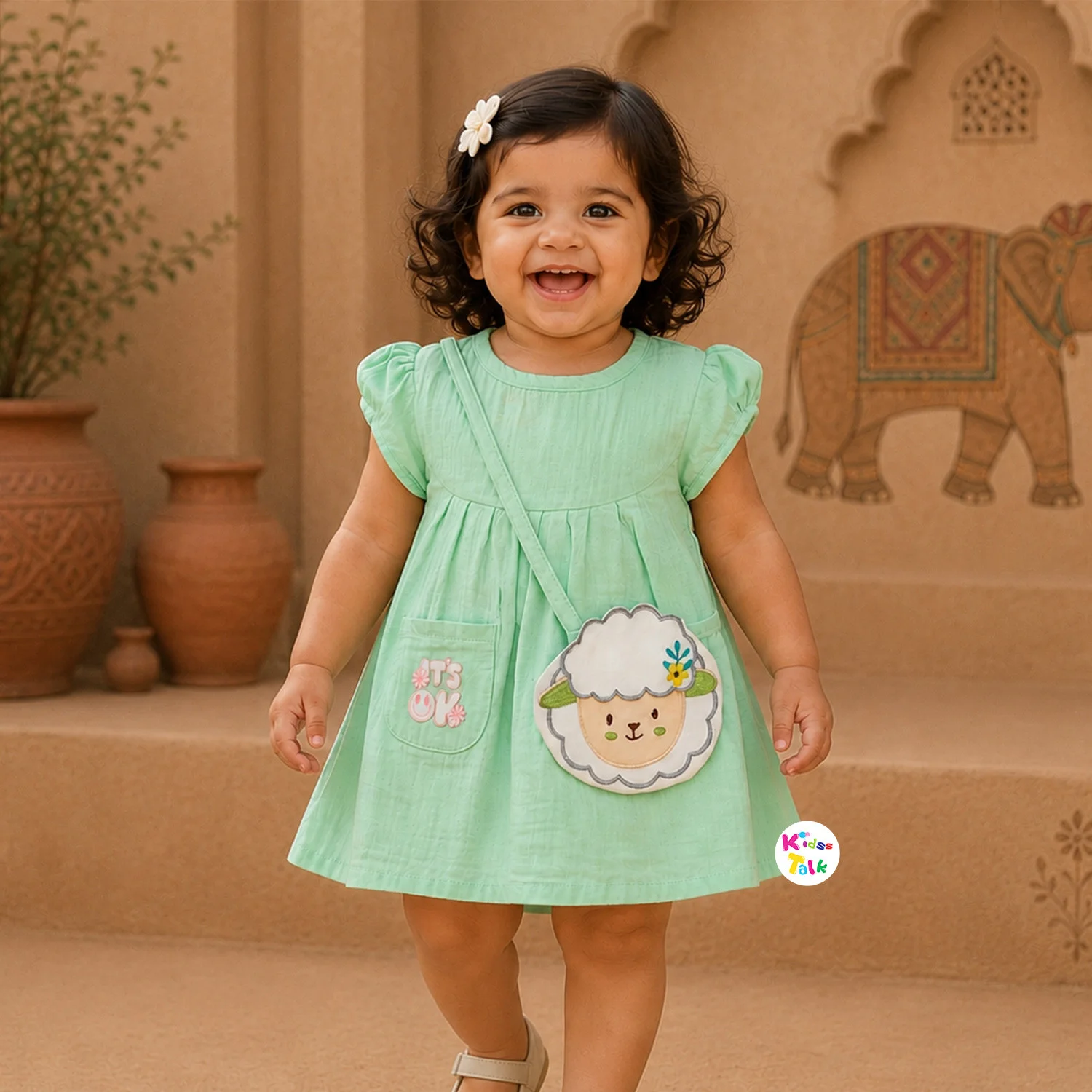 Cotton Sleeveless Frock With Cute All Over Print - Pista Green