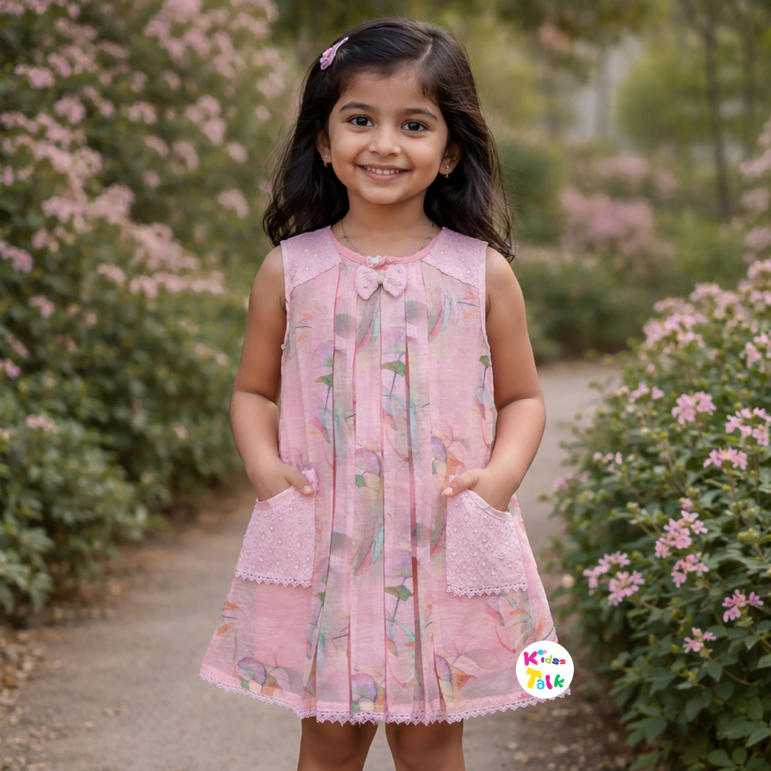 Chiffon Sleeveless Frock With Cute Floral Printed - Peach