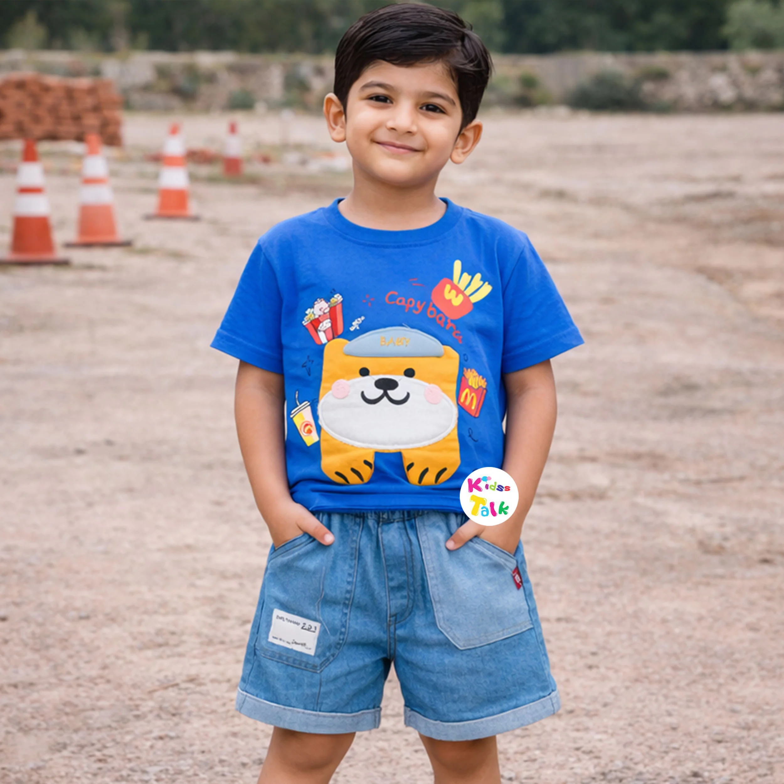 Soft Cotton Half Sleeve T-shirt Set With Cute Patch Work - Blue