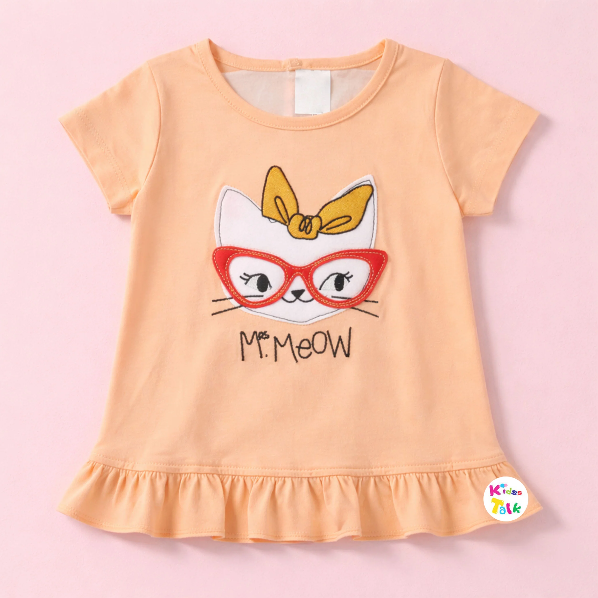 Cotton Knitted Half Sleeve T-shirt With Cute Embroidered - Peach