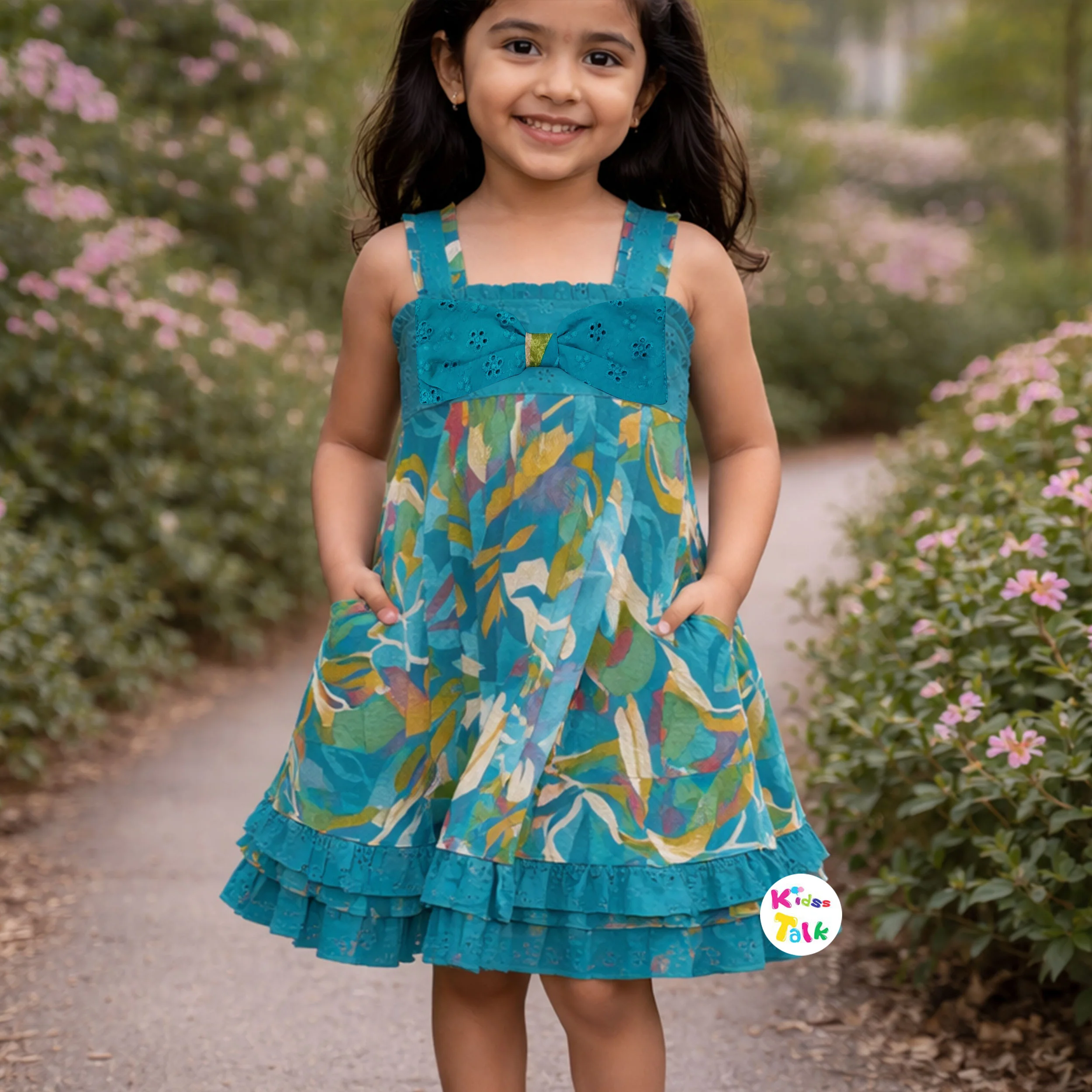 Cotton Sleeveless Frock With Cute Floral Printed - Green