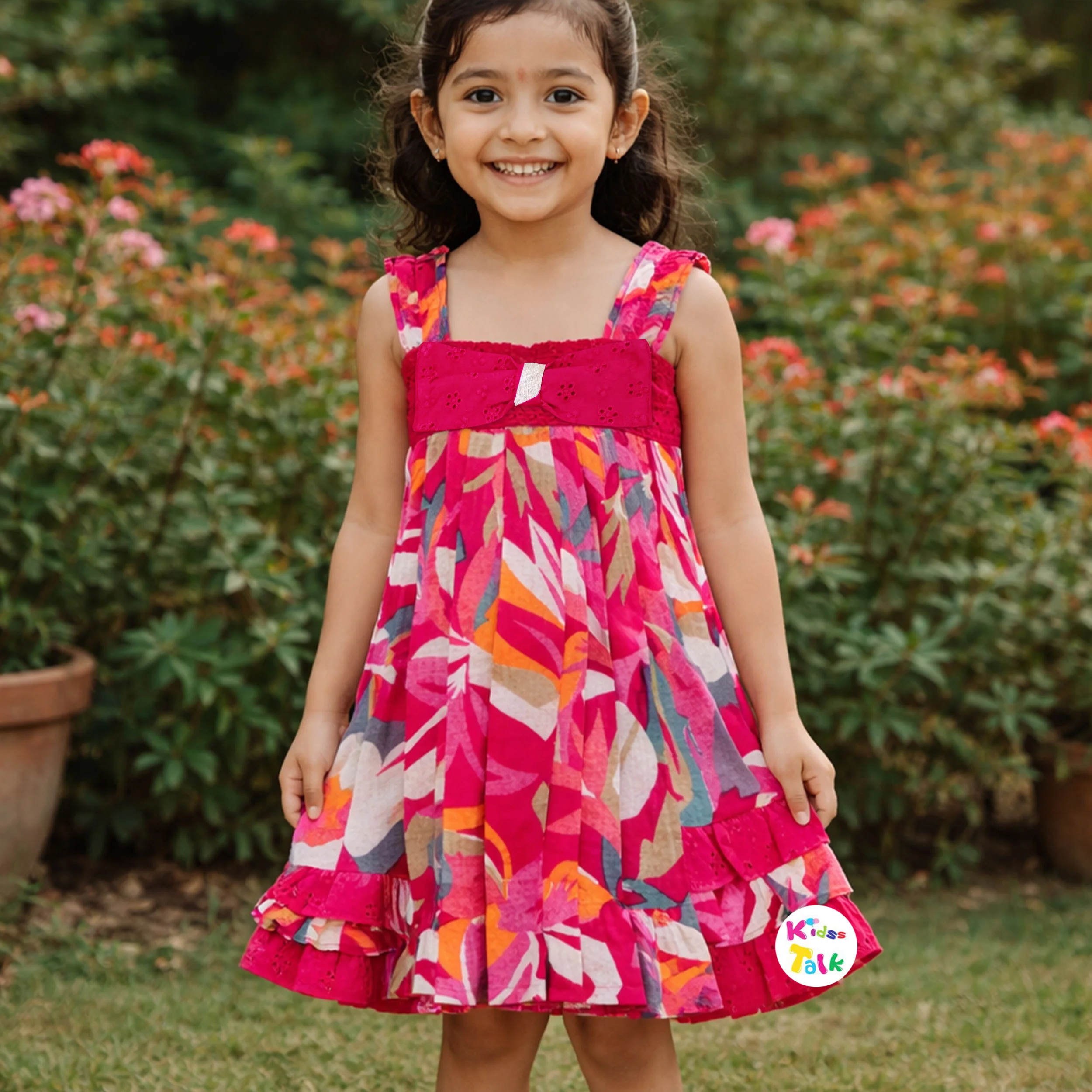 Cotton Sleeveless Frock With Cute Floral Printed - Hot Pink
