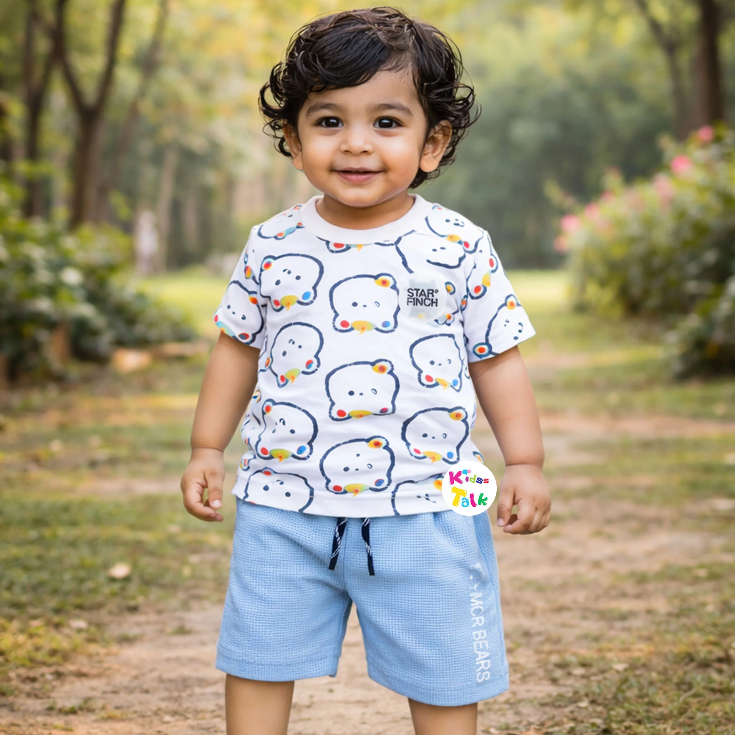 Cotton Knitted Half Sleeve T-shirt Set With Cute Print - Blue