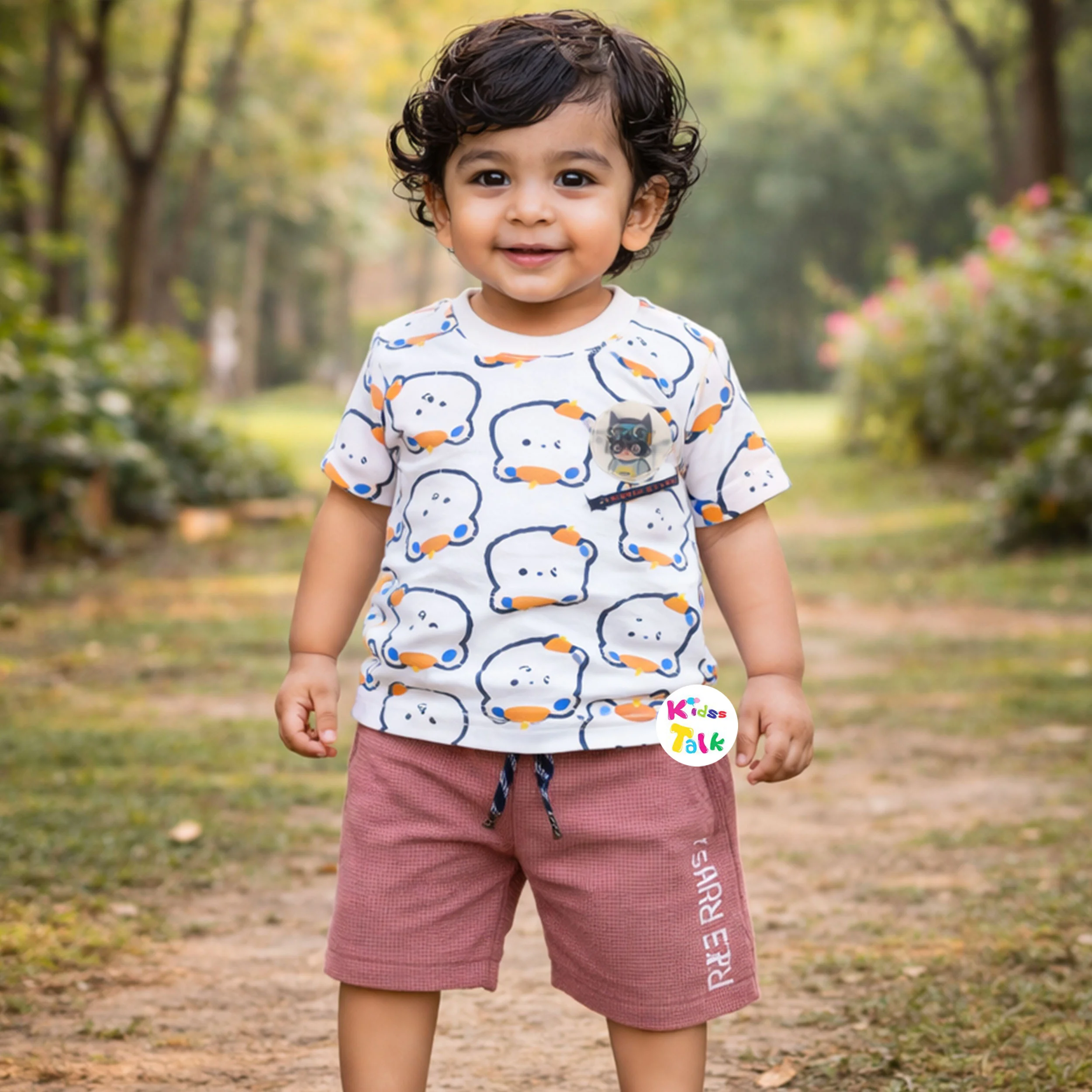 Cotton Knitted Half Sleeve T-shirt Set With Cute Print - Rust Orange