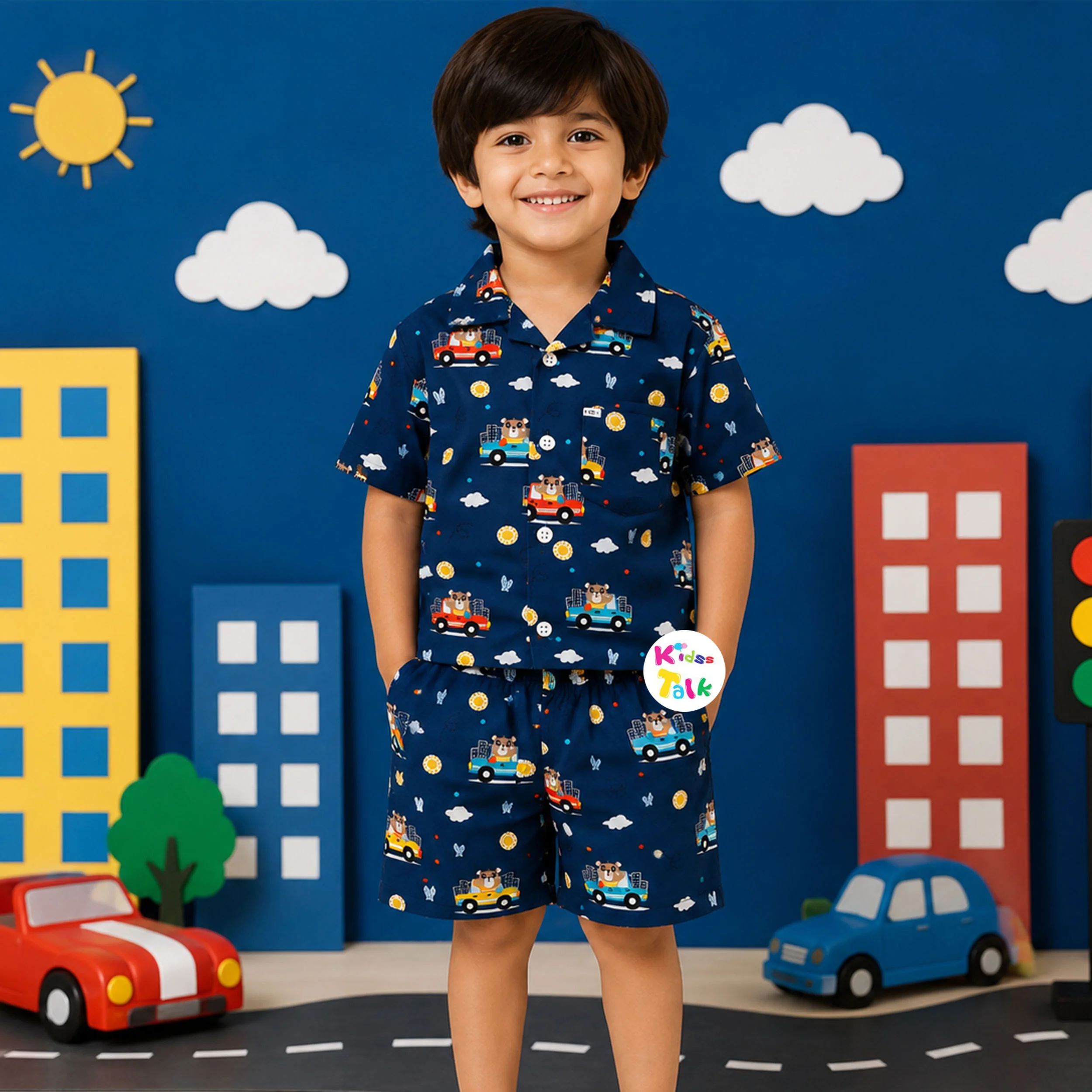 Cotton Half Sleeve Printed Shirt & Half Pant - Navy Blue