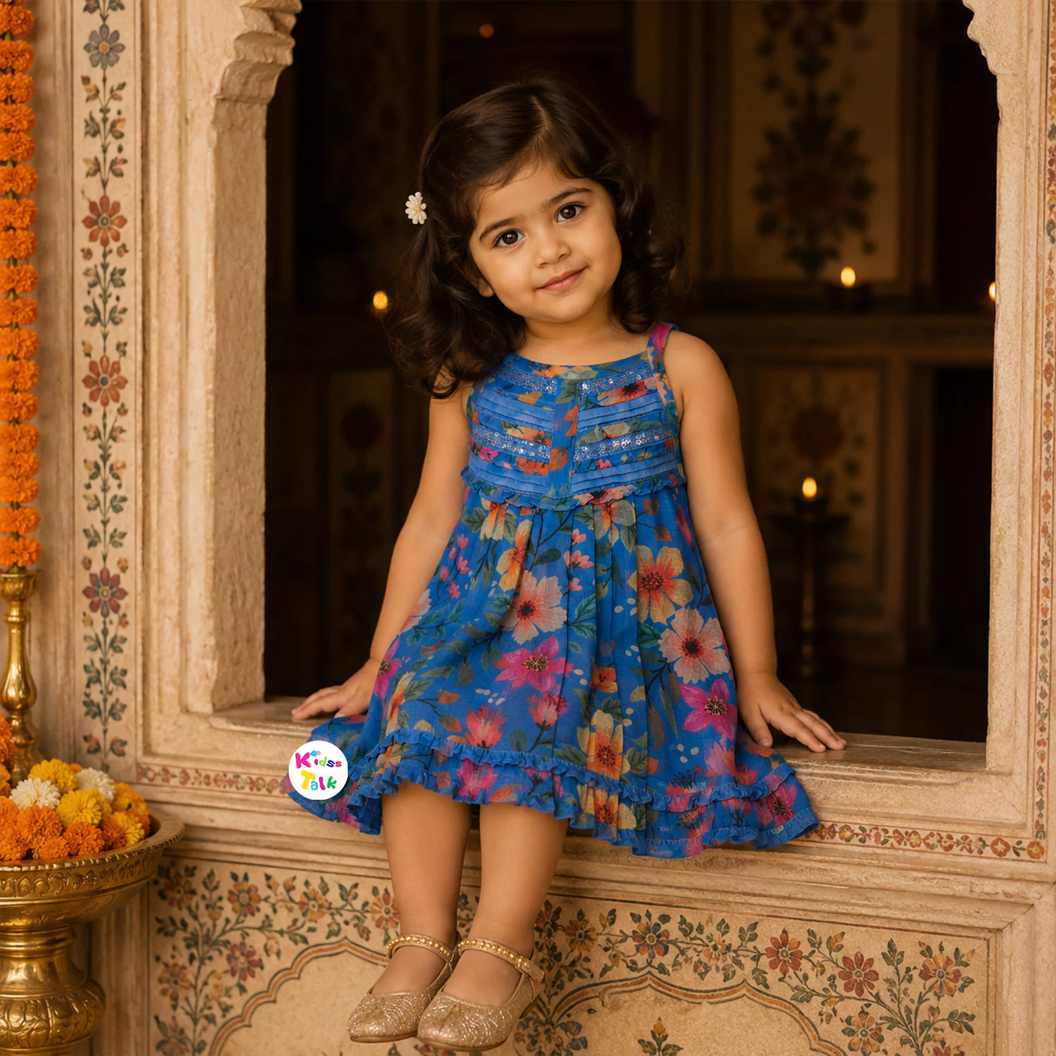 Georgette Floral Printed Halter Neck Frock - Blue