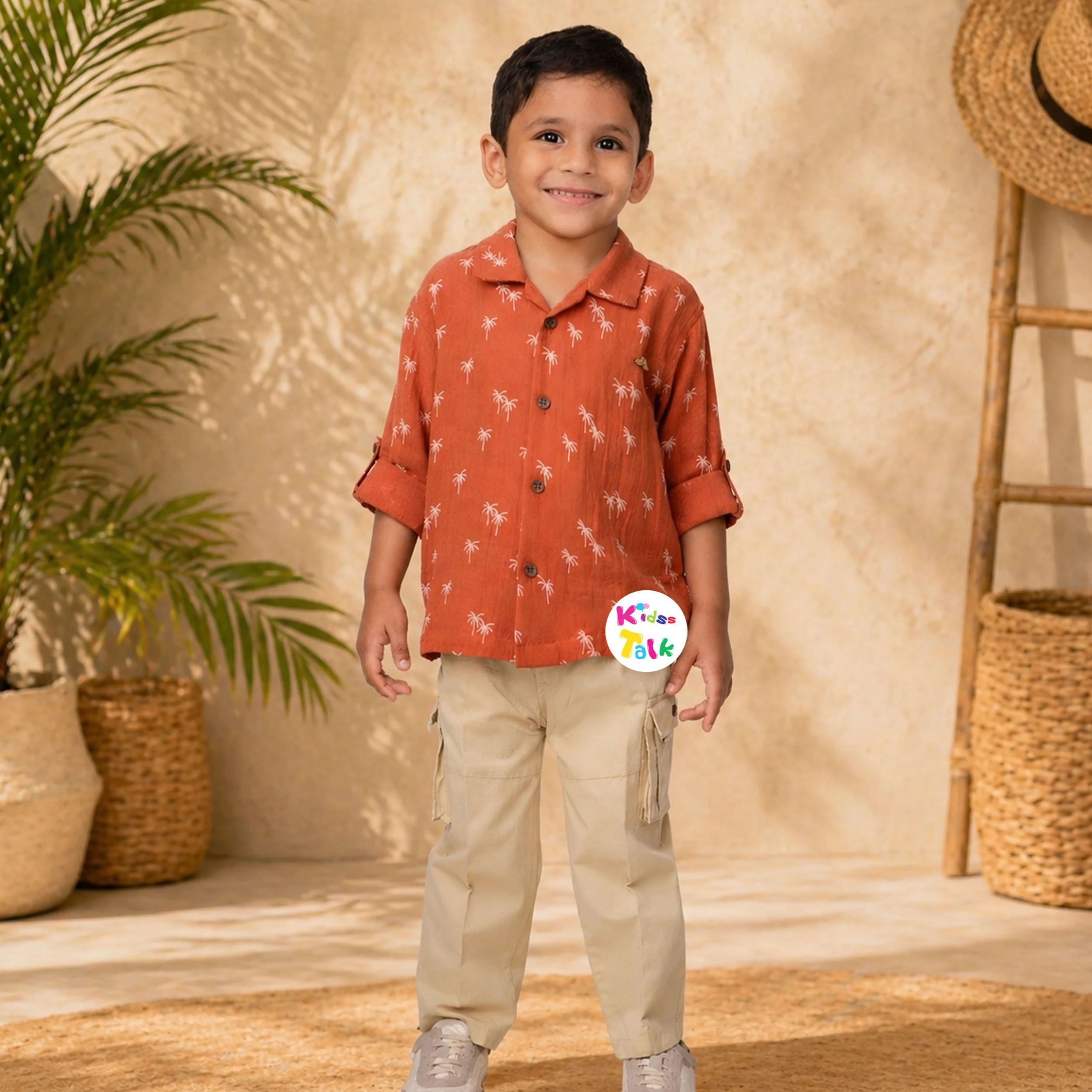 Muslin Full Sleeve With Printed Shirt & Full Pant - Rust Orange
