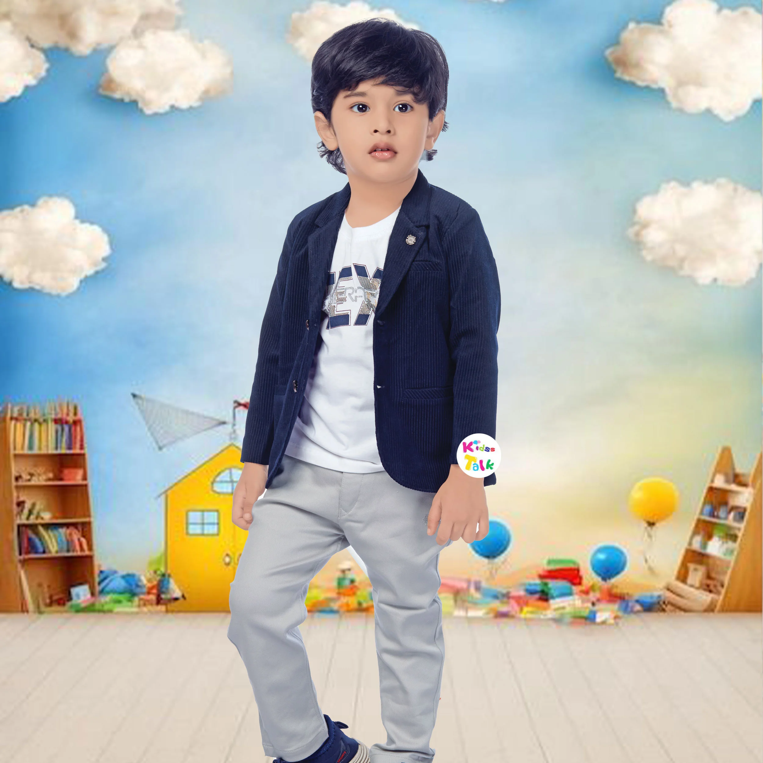 Stylish Full Sleeve Jacket With T-shirt & Full Pant - Navy Blue