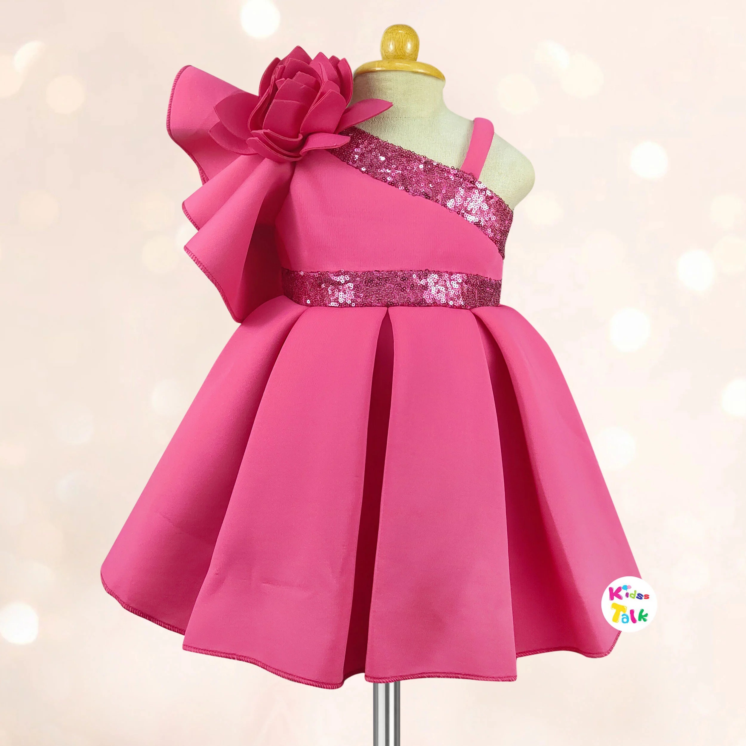 Trendy Scuba Sleeveless Frock With Flower Applique - Hot Pink