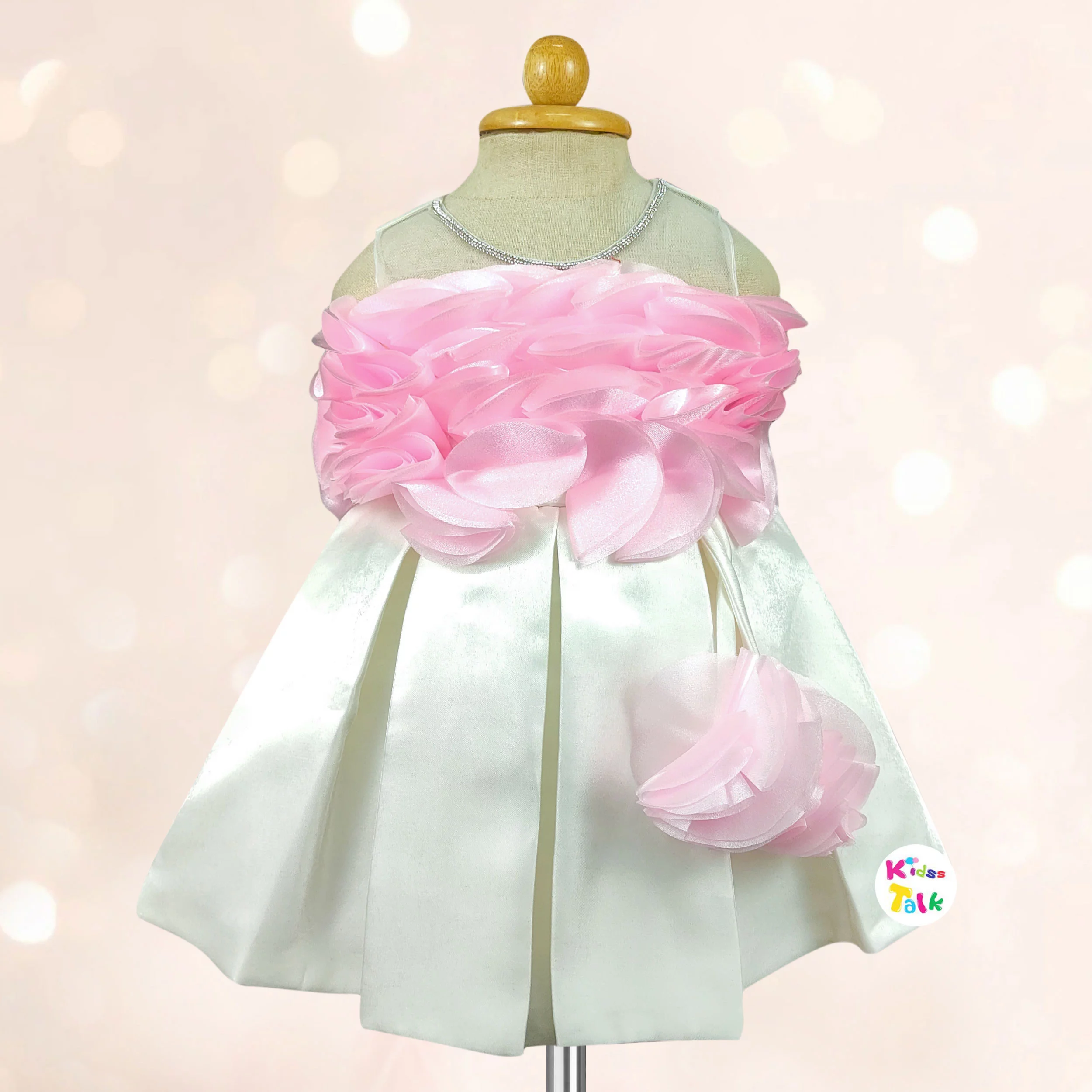 Satin Sleeveless Party Frock With Flower Applique - Cream