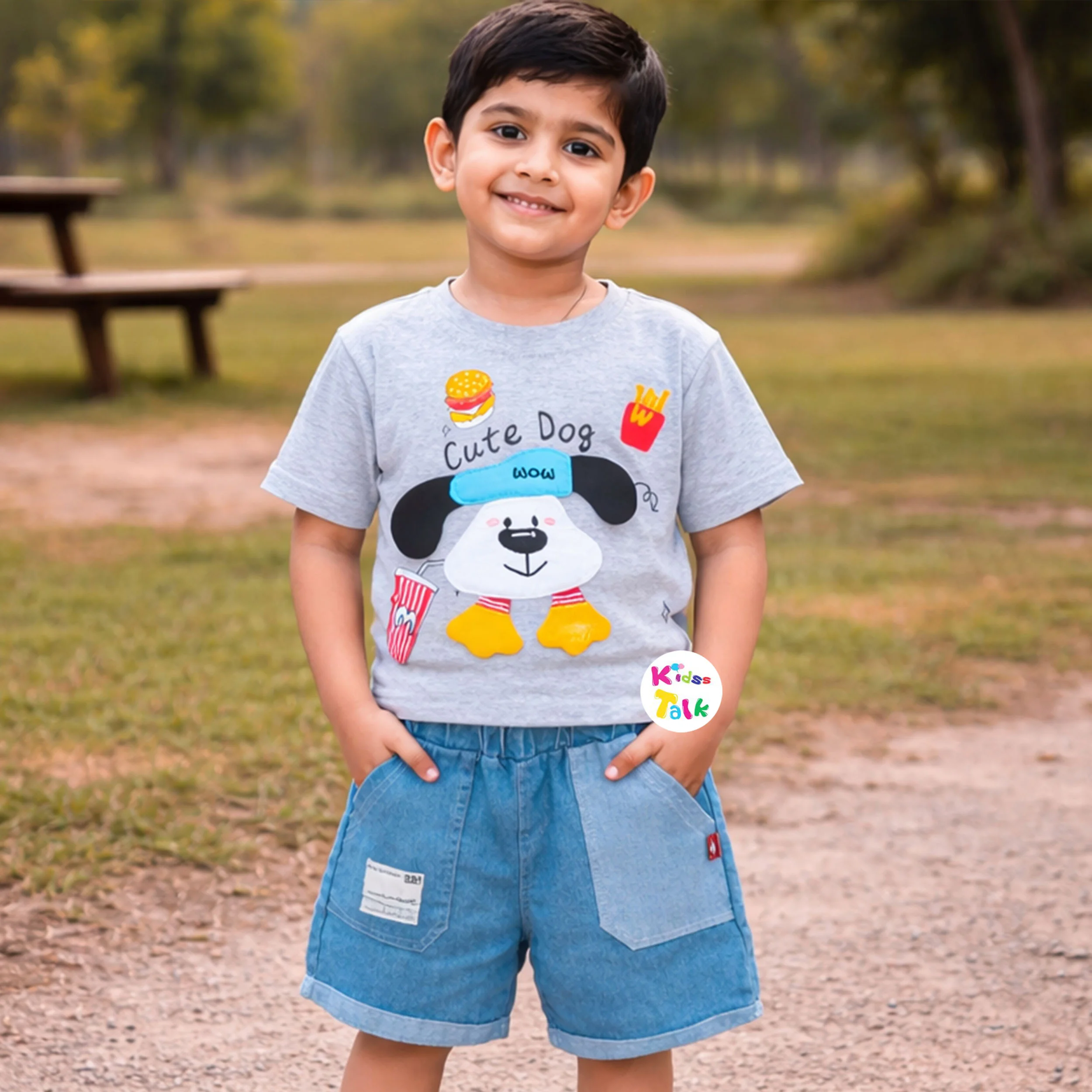 Soft Cotton Half Sleeve T-shirt Set With Cute Patch Work - Grey