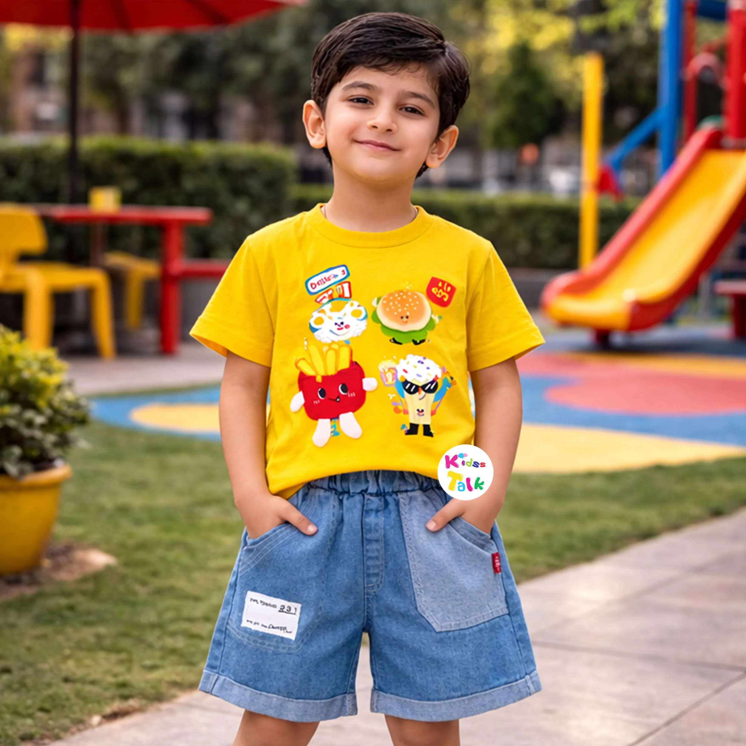 Soft Cotton Half Sleeve T-shirt Set With Cute Patch Work - Lemon Yellow