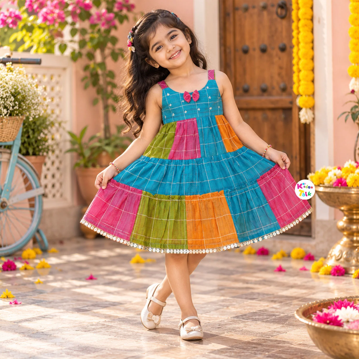 Cotton Checked Tiered Sleeveless Frock With Bow - Blue