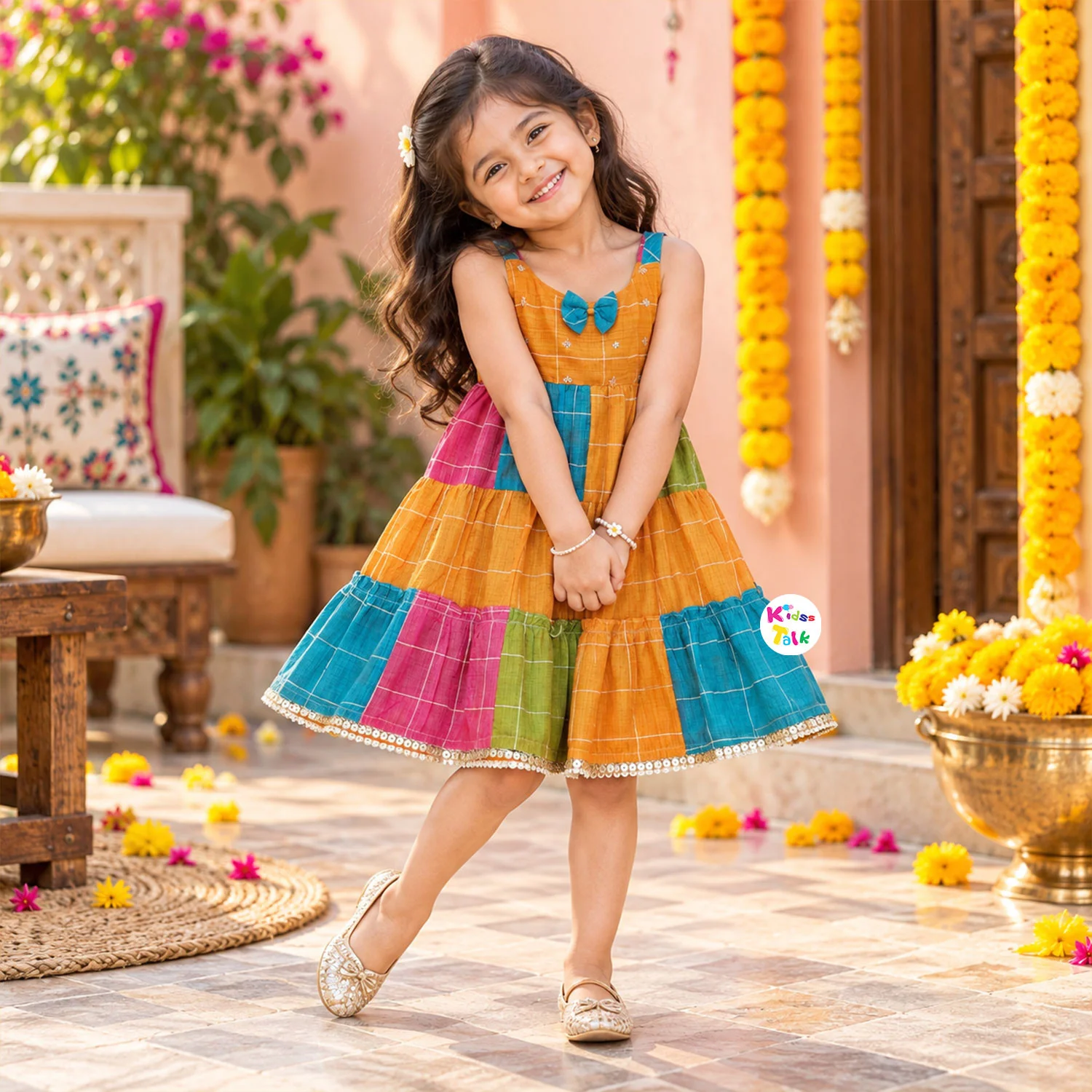 Cotton Checked Tiered Sleeveless Frock With Bow - Orange