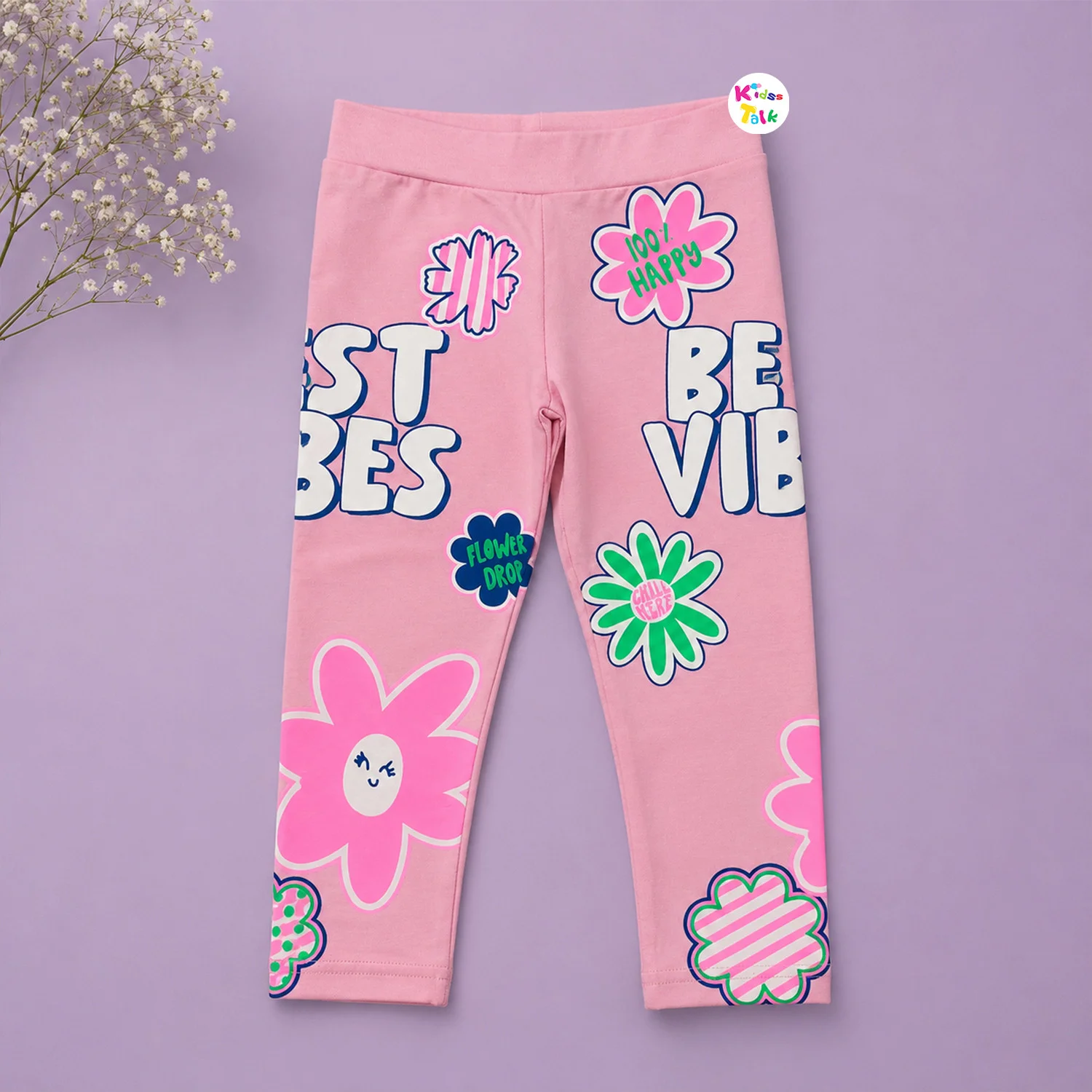 Cotton Knitted Cute Printed Full Length Leggings - Baby Pink