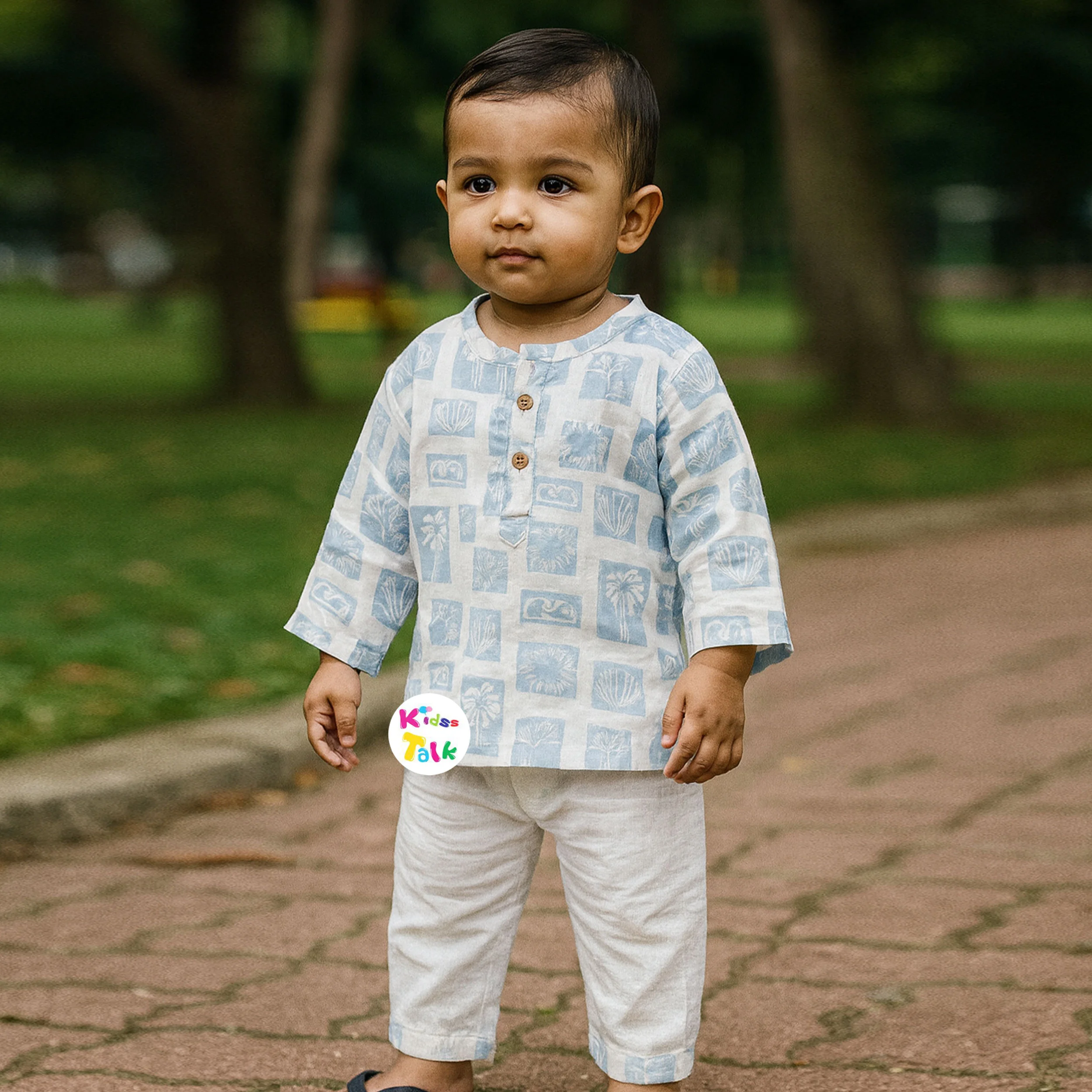 Muslin Full Sleeve Night Suit With Cute Printed - Ice Blue