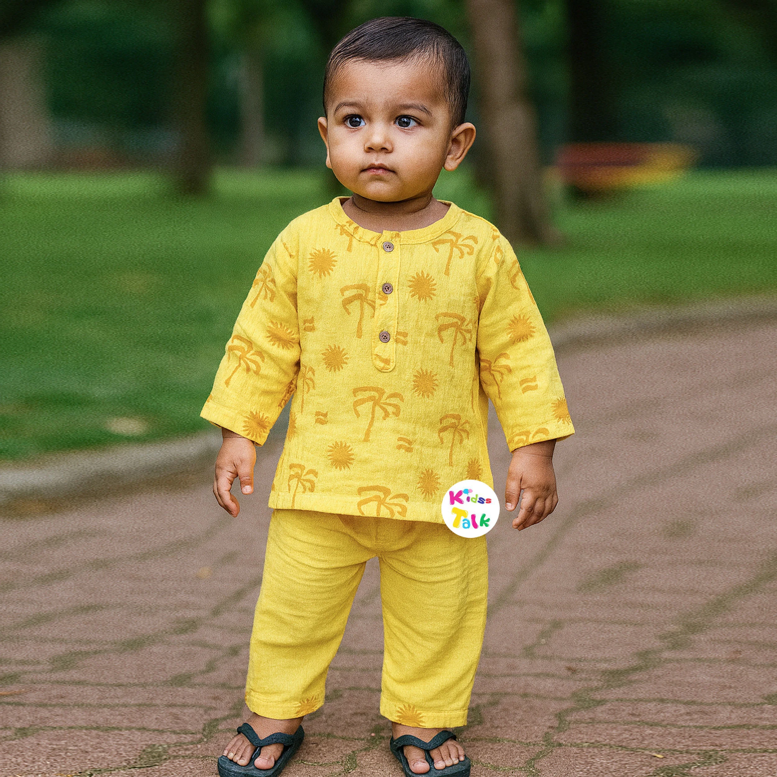 Muslin Full Sleeve Night Suit With Cute Printed - Lemon Yellow