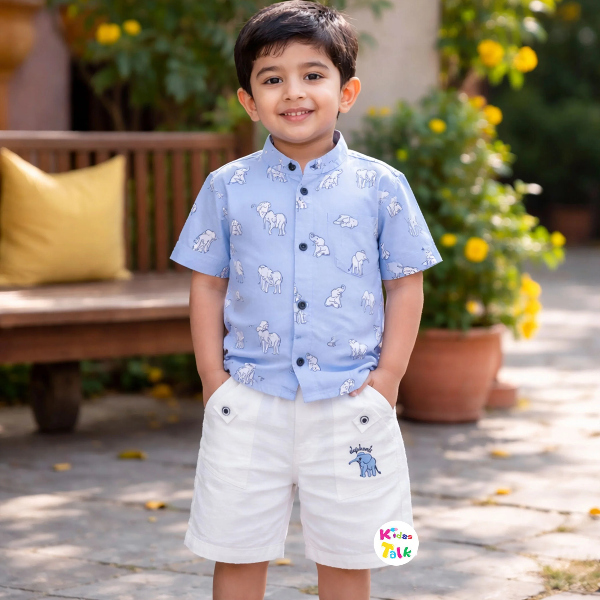 Poly Blend Half Sleeve Half Pant Set With Cute Print - Ice Blue