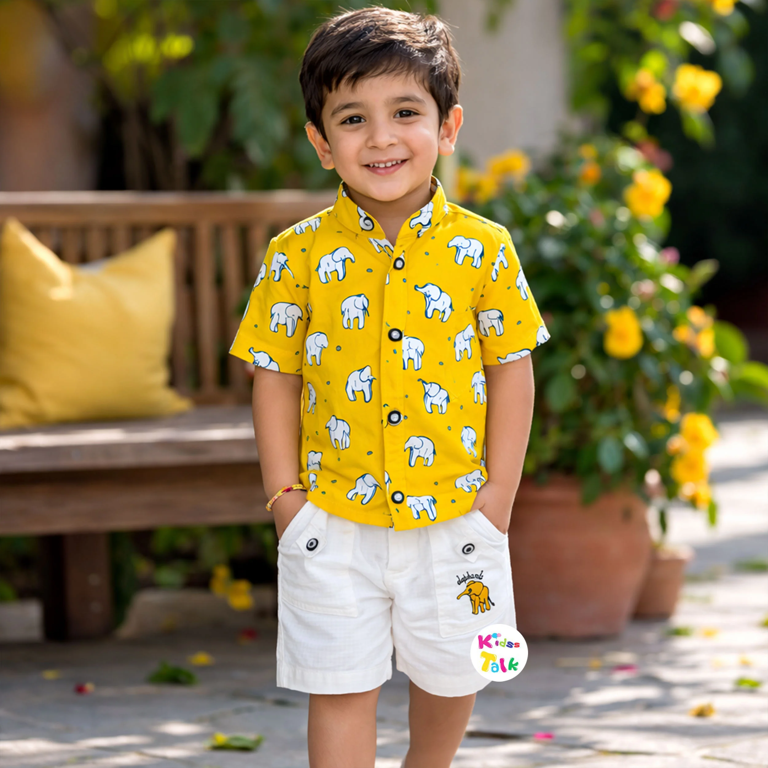 Poly Blend Half Sleeve Half Pant Set With Cute Print - Lemon Yellow