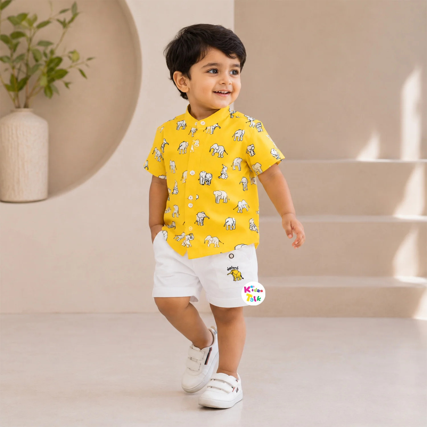 Cotton Half Sleeve Shirt Wit Cute Print & Half Pant - Mustard