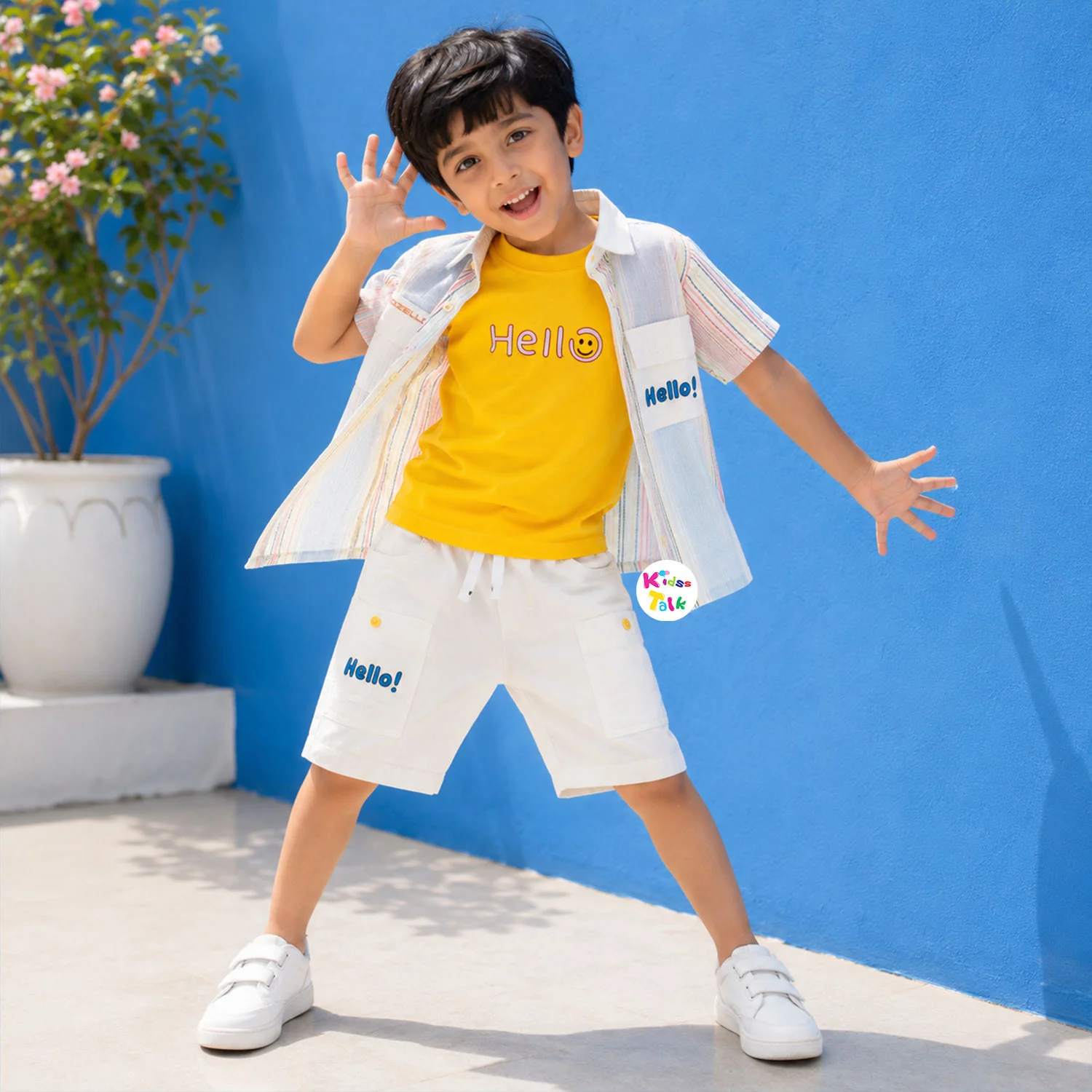 Cotton Half Sleeve Shirt With T-shirt & Half Pant - Ice Blue