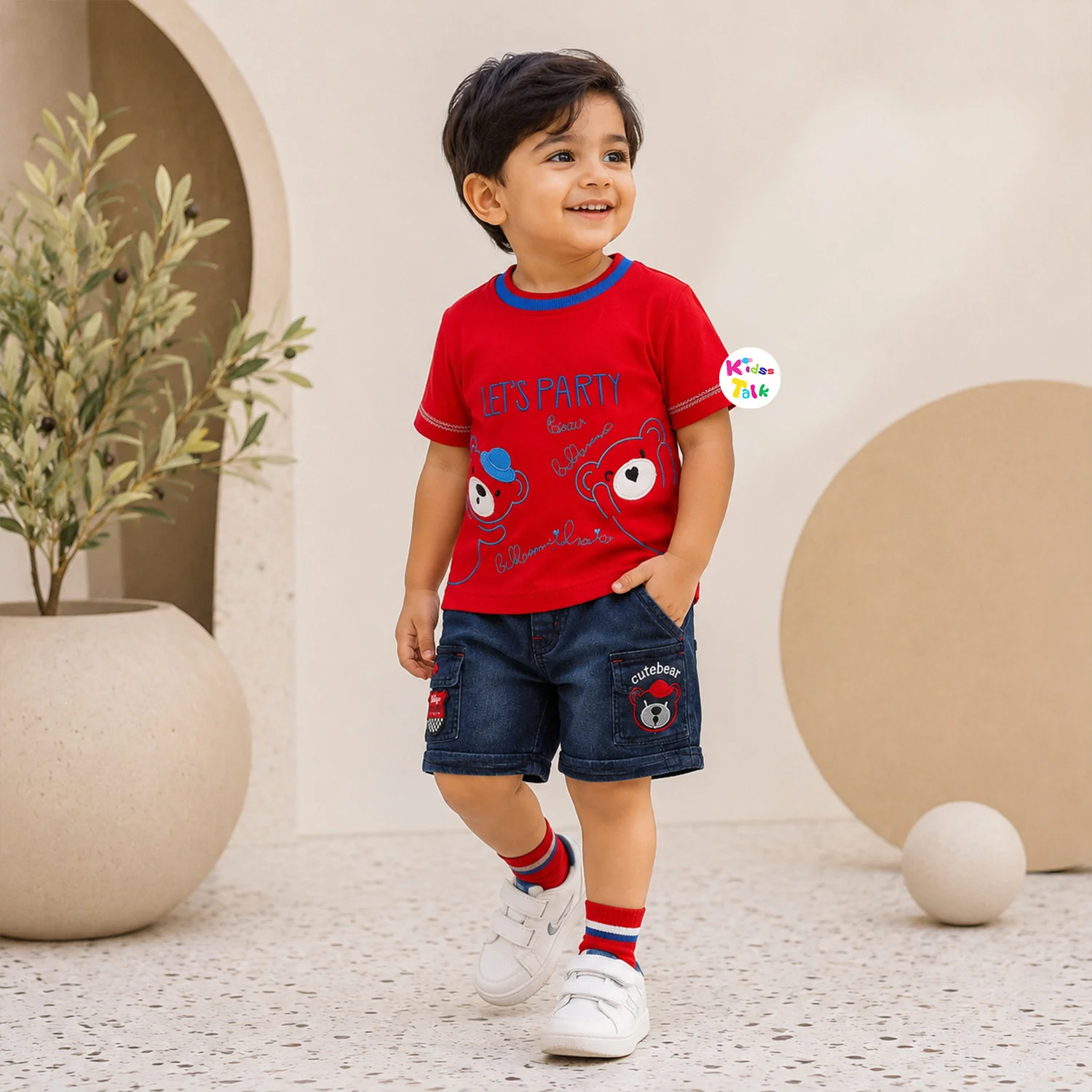 Cute Half Sleeve Printed T-shirt & Half Pant - Red