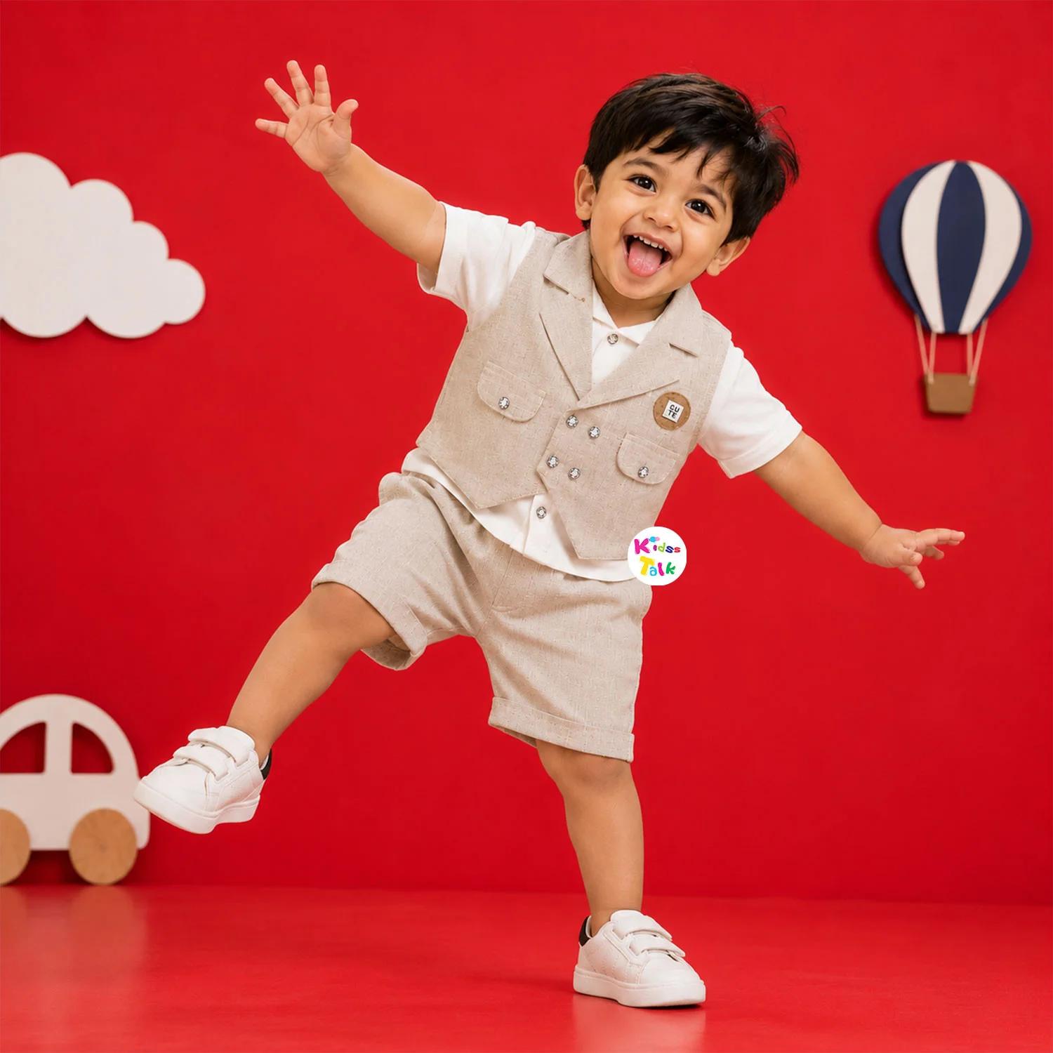 Stylish Sleeveless Jacket With Shirt & Half Pant - Beige