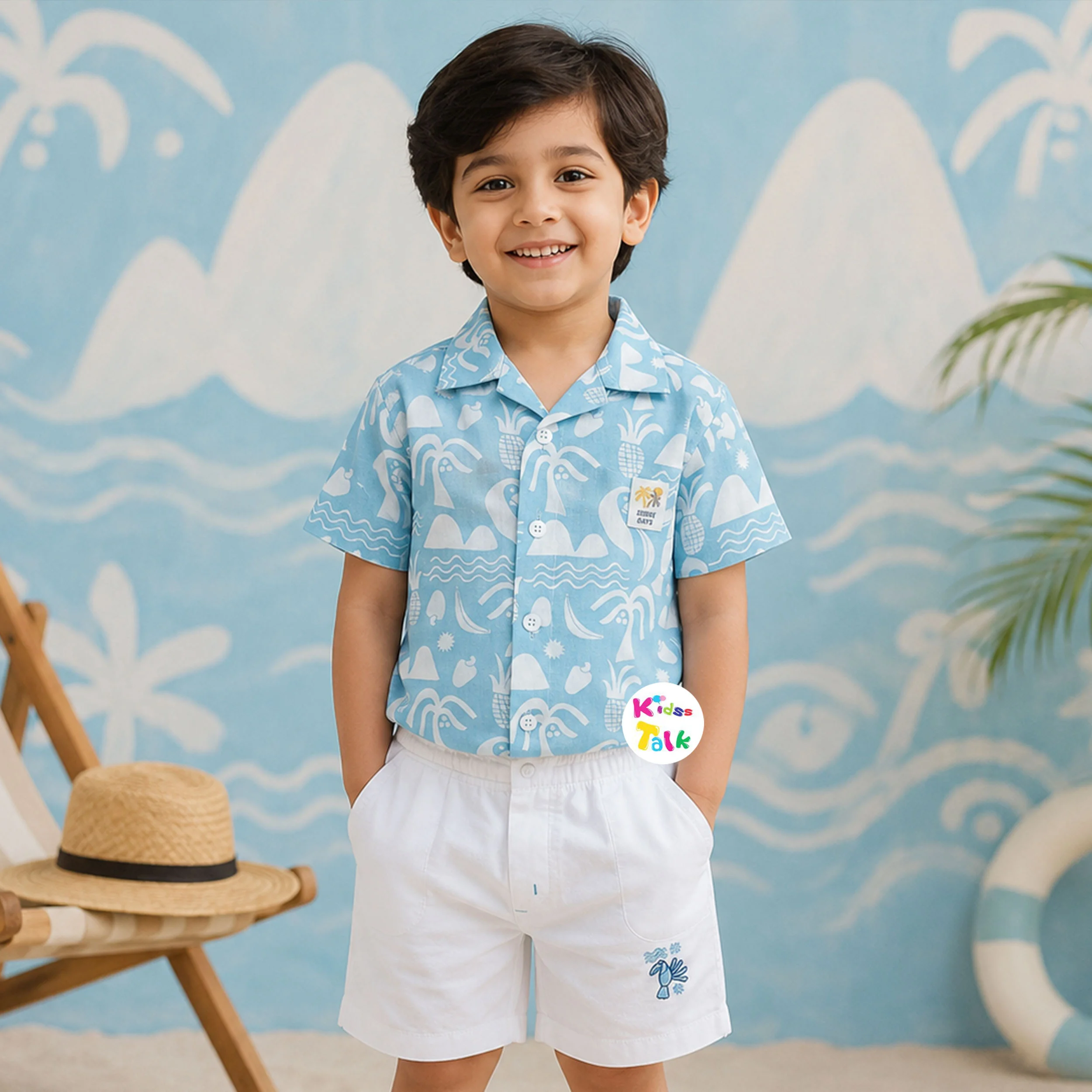 Muslin Half Sleeve Shirt With Cute Print & Half Pant - Ice Blue