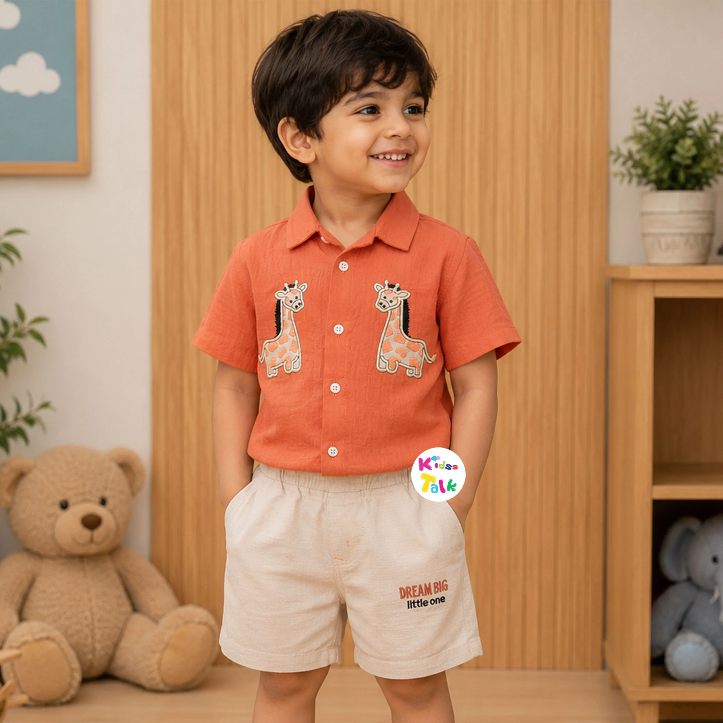 Muslin Half Sleeve Shirt With Patch Word & Half Pant - Rust Orange