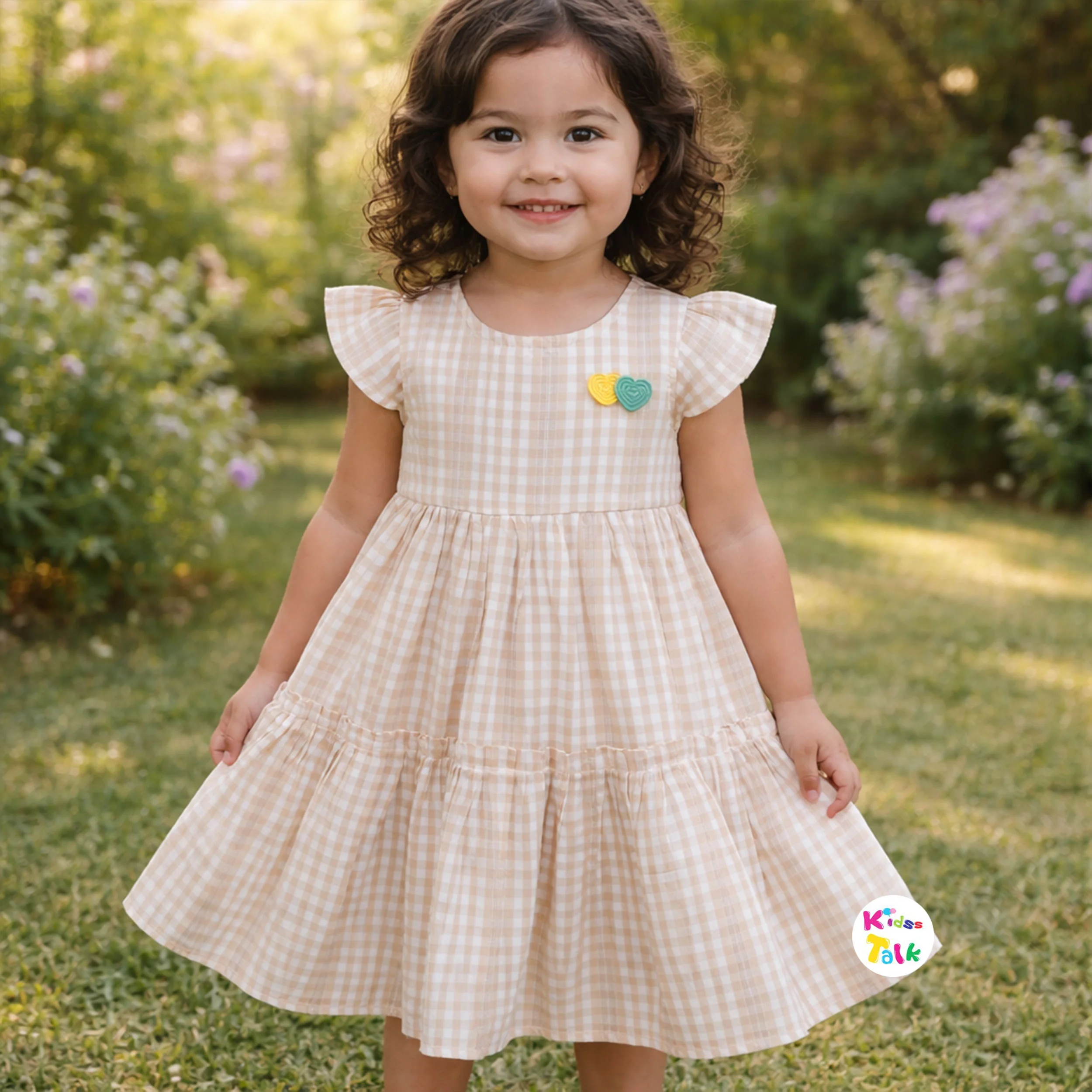 Cotton Half Sleeve Frock With Cute Print- Beige