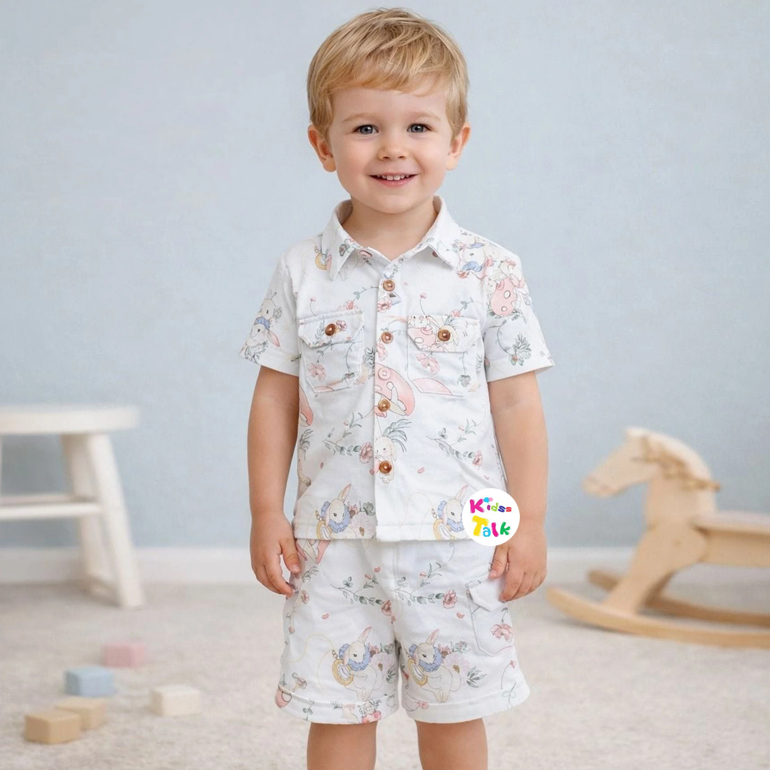 Soft Cotton Half Sleeve Half Pant Set With Cute Print - Peach