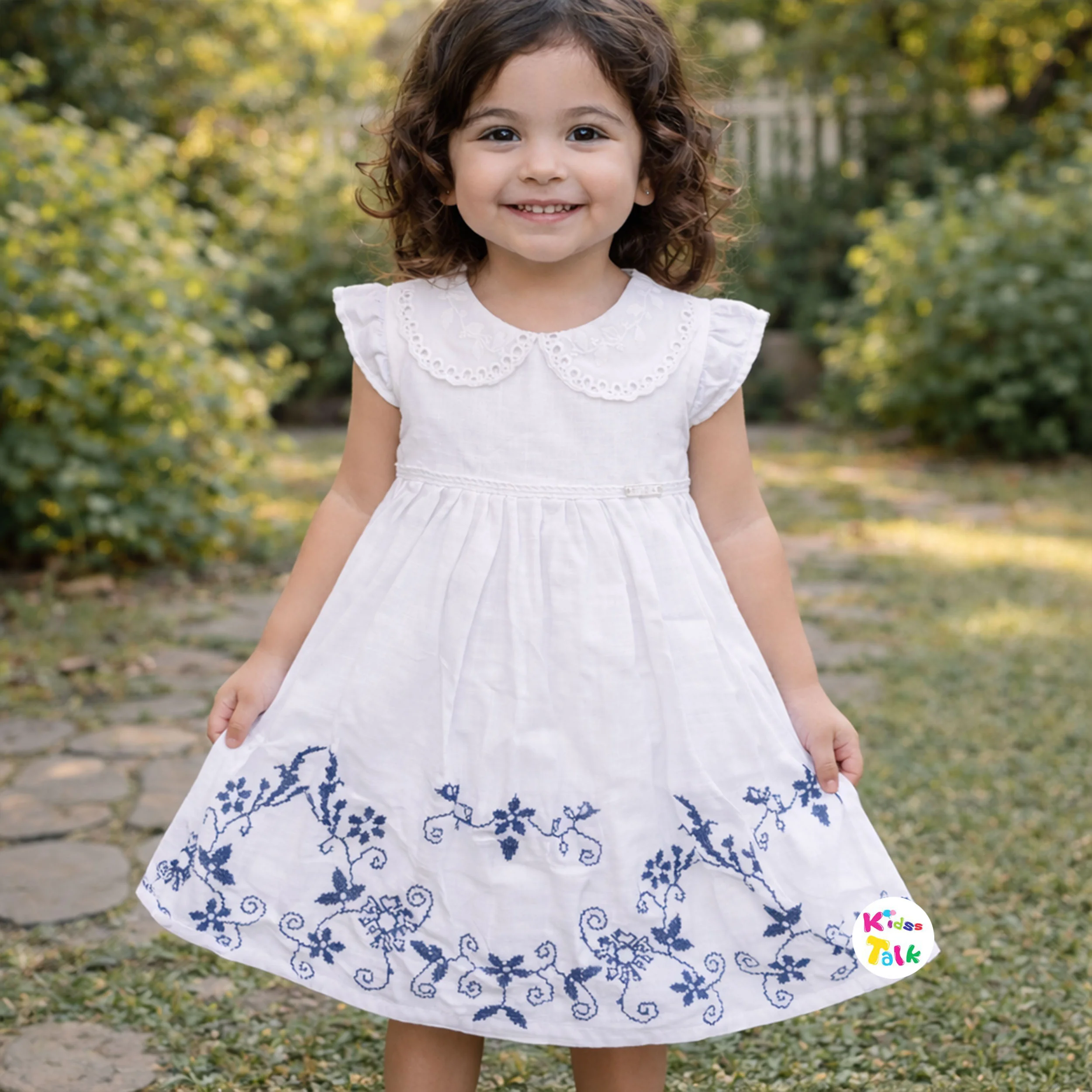 Cotton Half Sleeve Frock With Cute Embroidered - White