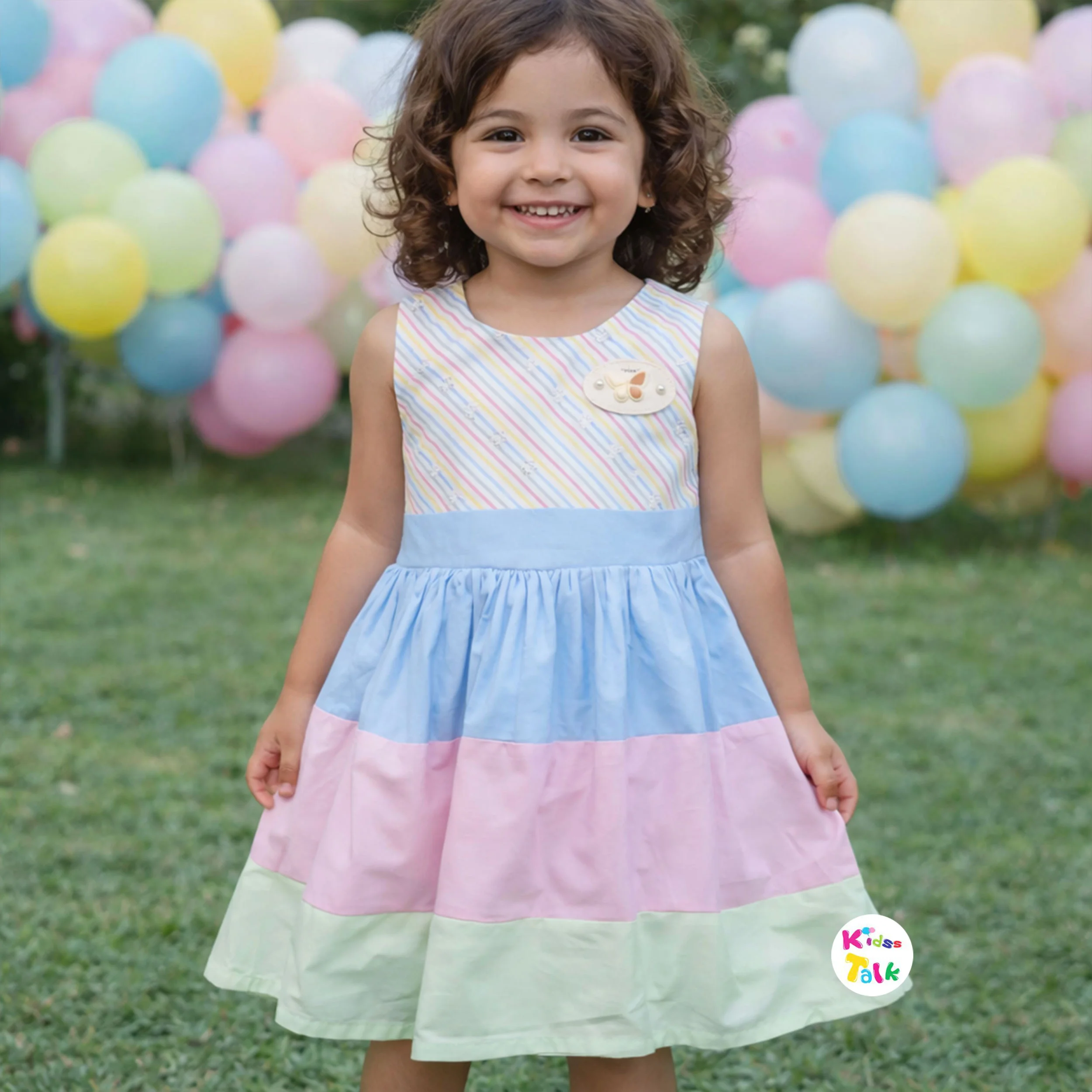 Cotton Sleeveless Frock With Cute Broach- Multicolour