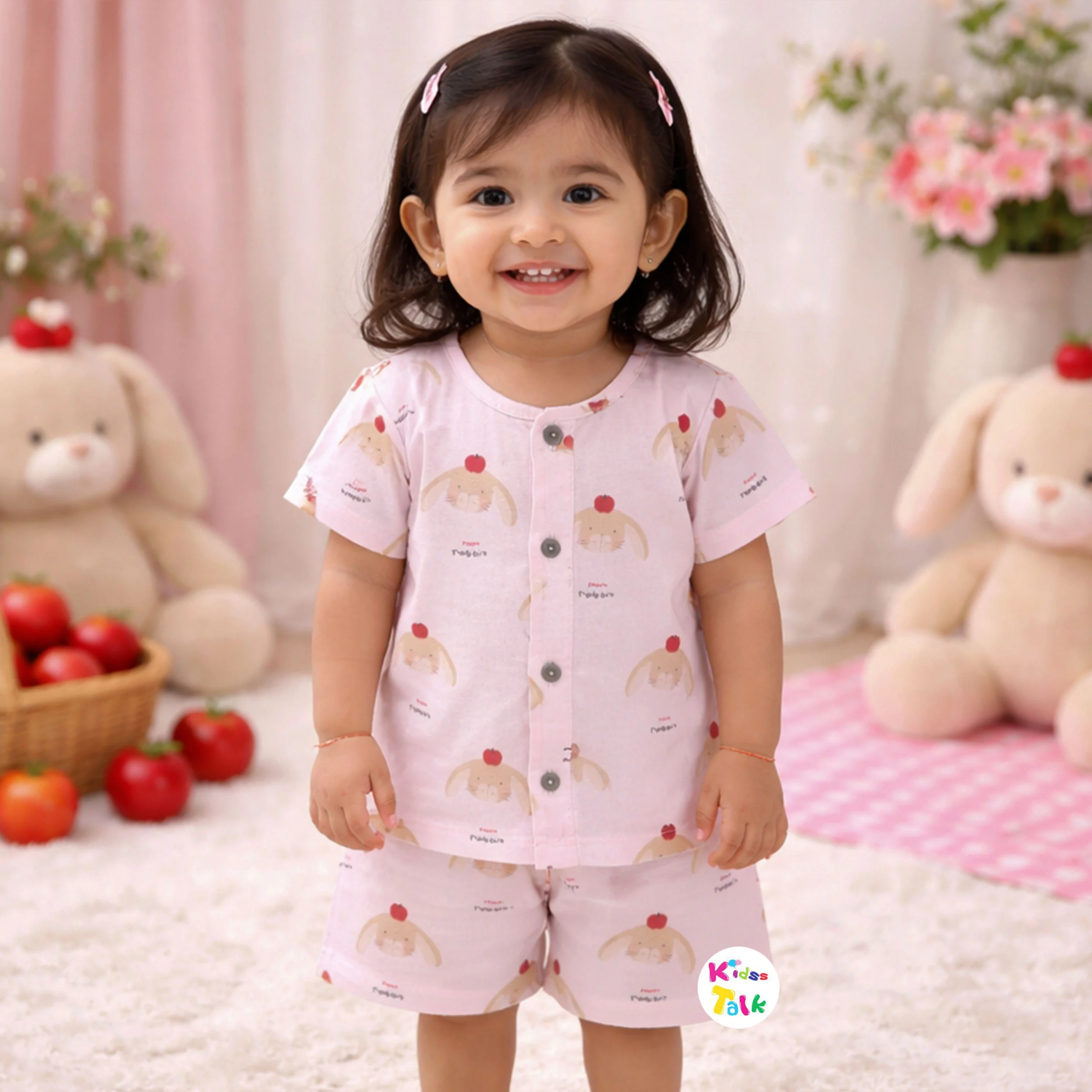 Muslin Half Sleeve Printed Top With Half Pant - Baby Pink