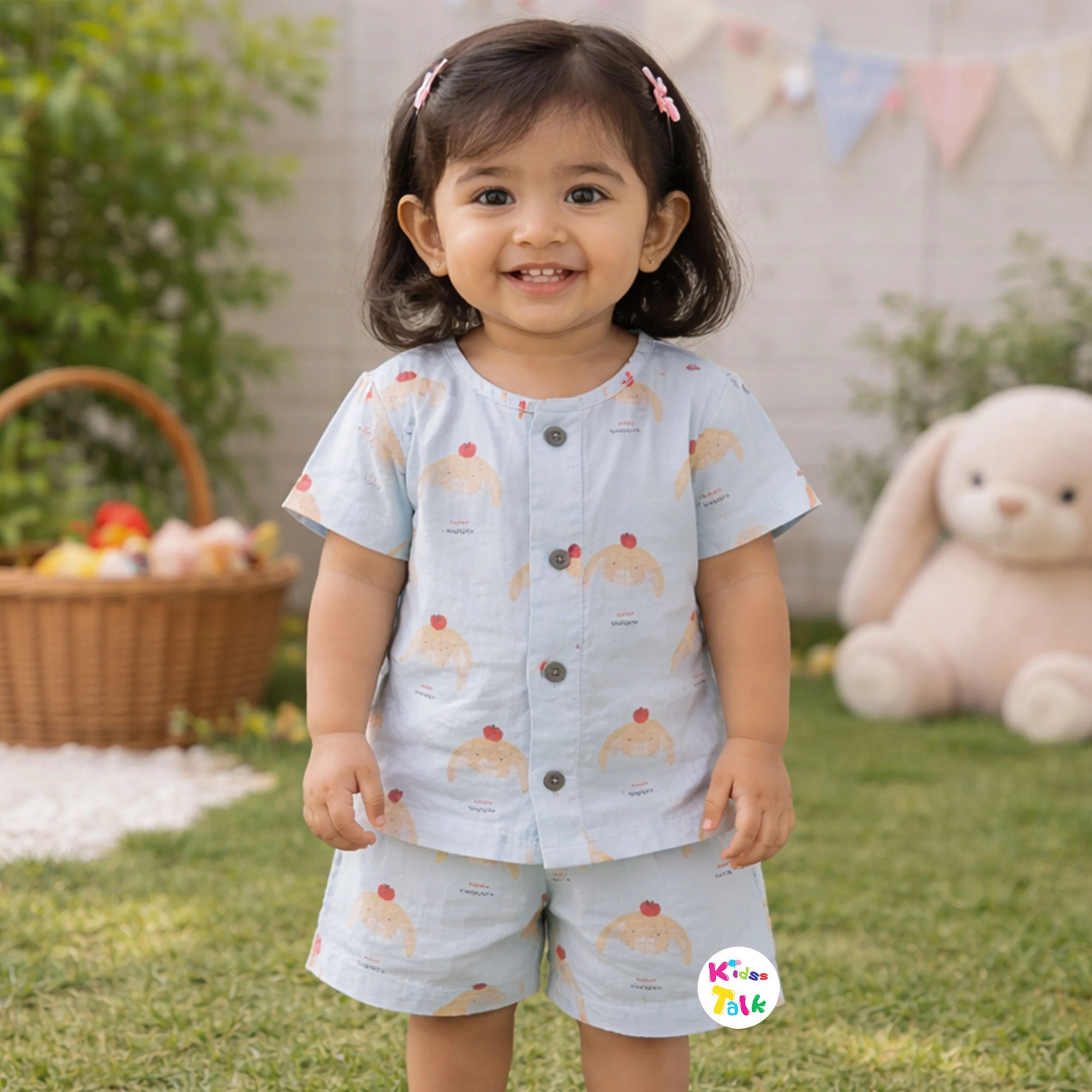 Muslin Half Sleeve Printed Top With Half Pant - Ice Blue