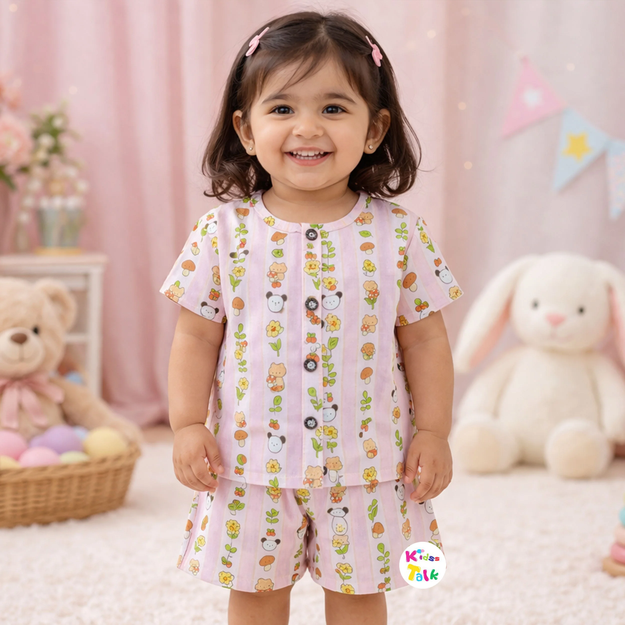 Muslin Half Sleeve Printed Top With Half Pant - Baby Pink