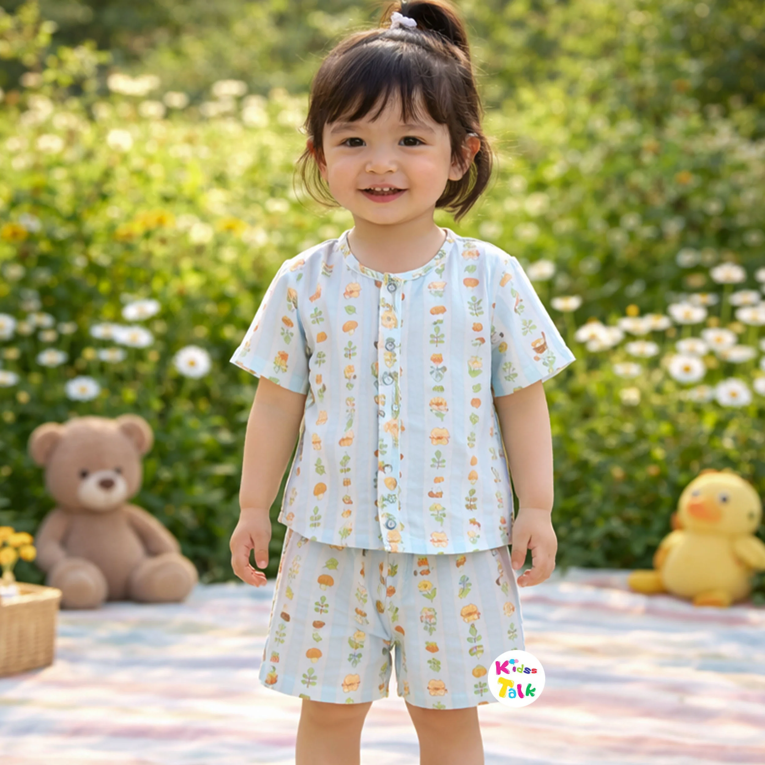 Muslin Half Sleeve Printed Top With Half Pant - Ice Blue