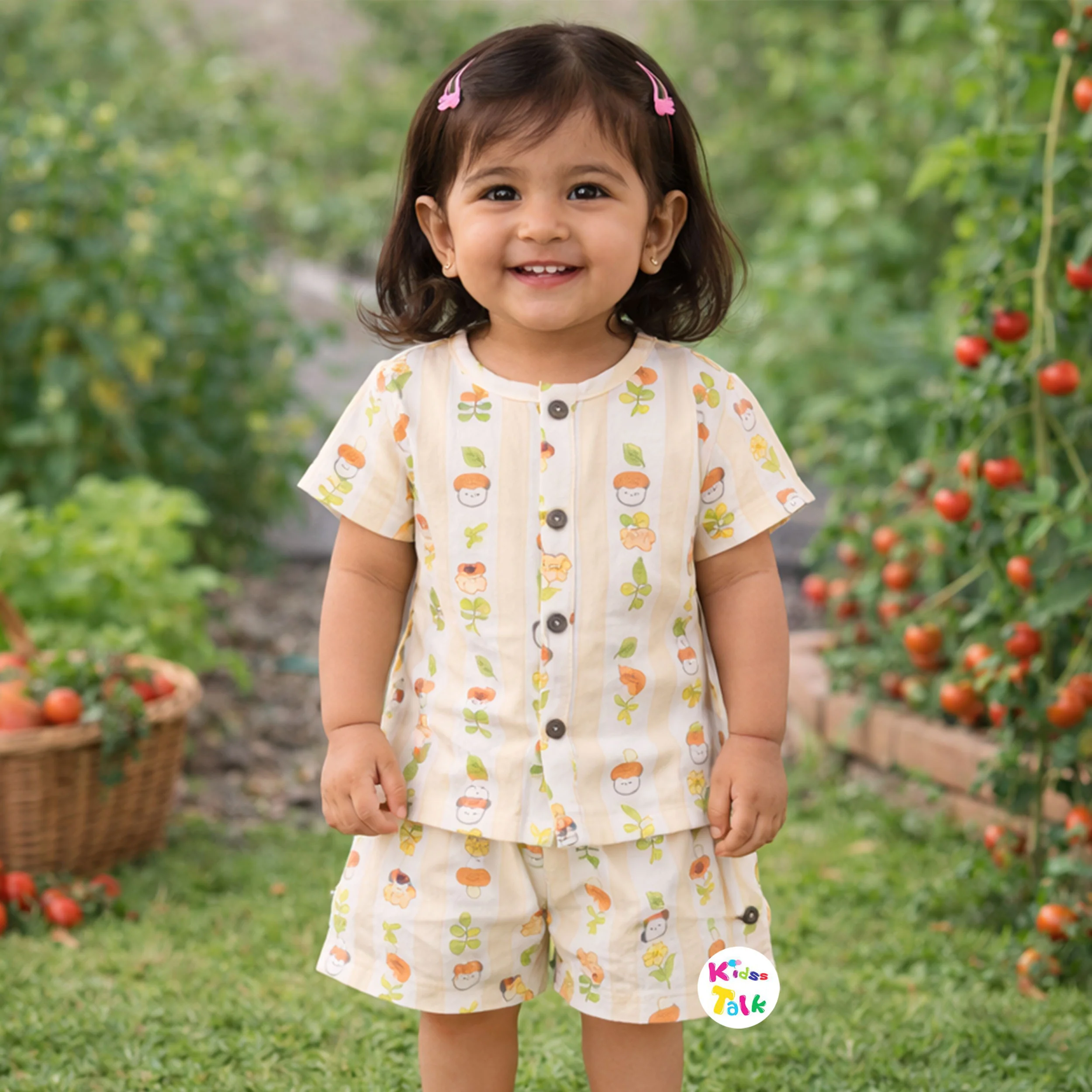 Muslin Half Sleeve Printed Top With Half Pant - Lemon Yellow