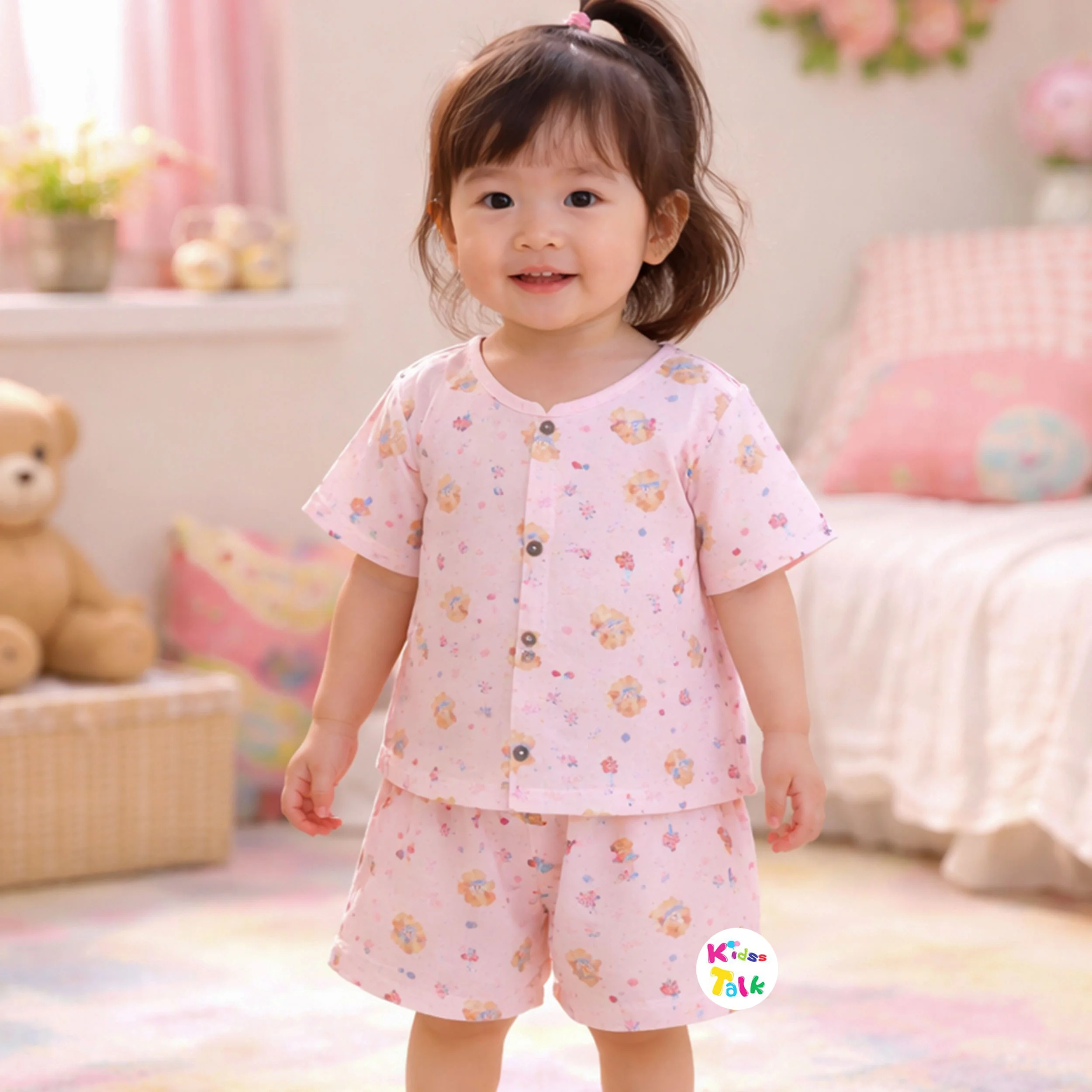 Muslin Half Sleeve Printed Top With Half Pant - Baby Pink