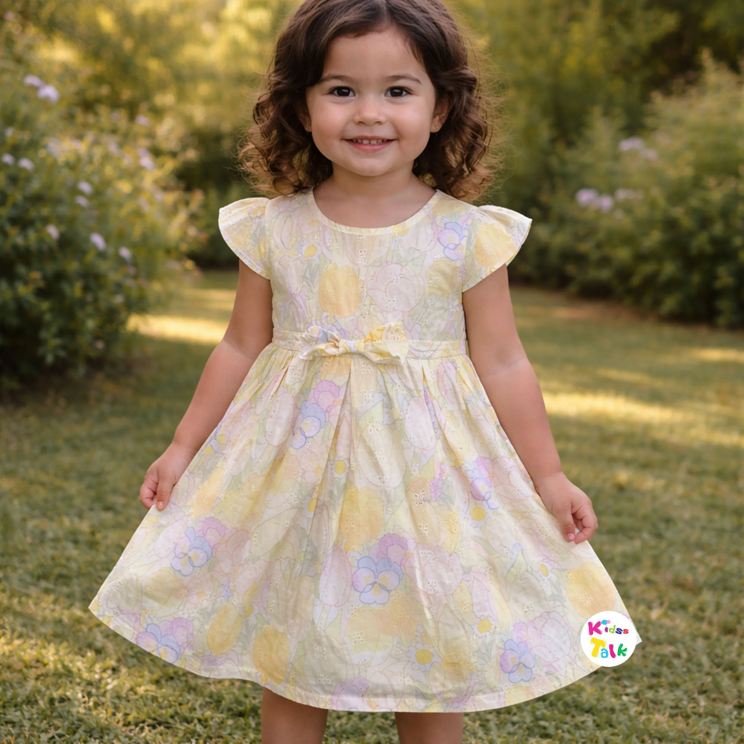 Hakoba Half Sleeve Frock With Cute Printed - Lemon Yellow