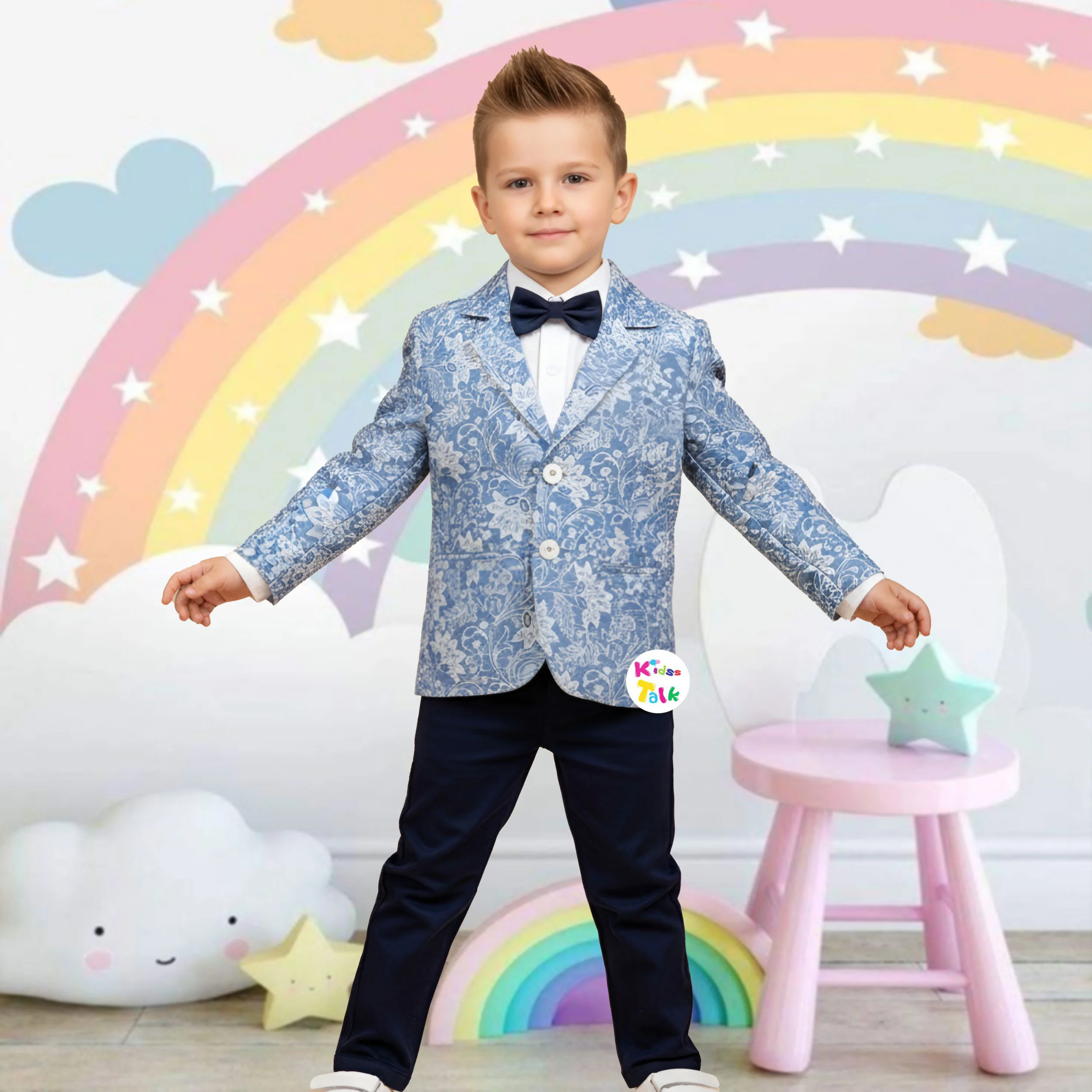 Royal Full Sleeve Printed Coat With Shirt And Pant - Ice Blue