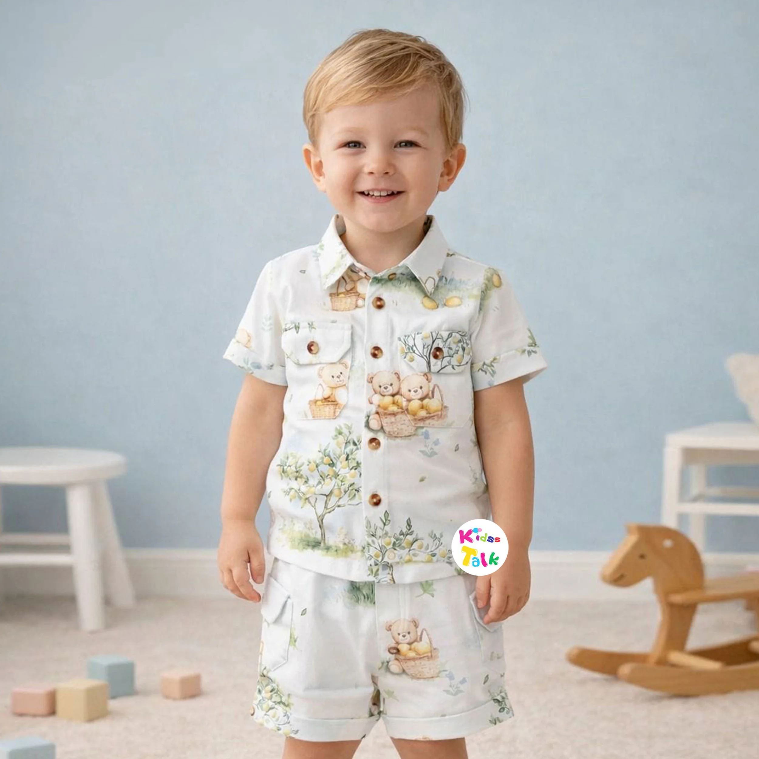 Soft Cotton Half Sleeve Half Pant Set With Cute Print - Green