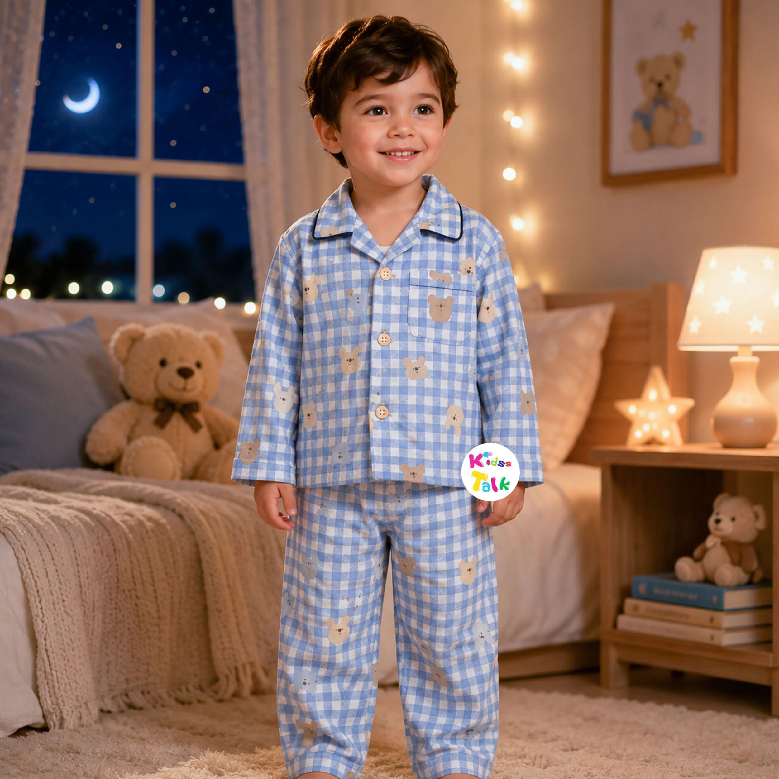 Cotton Full Sleeve Night Suit With Cute Print - Blue