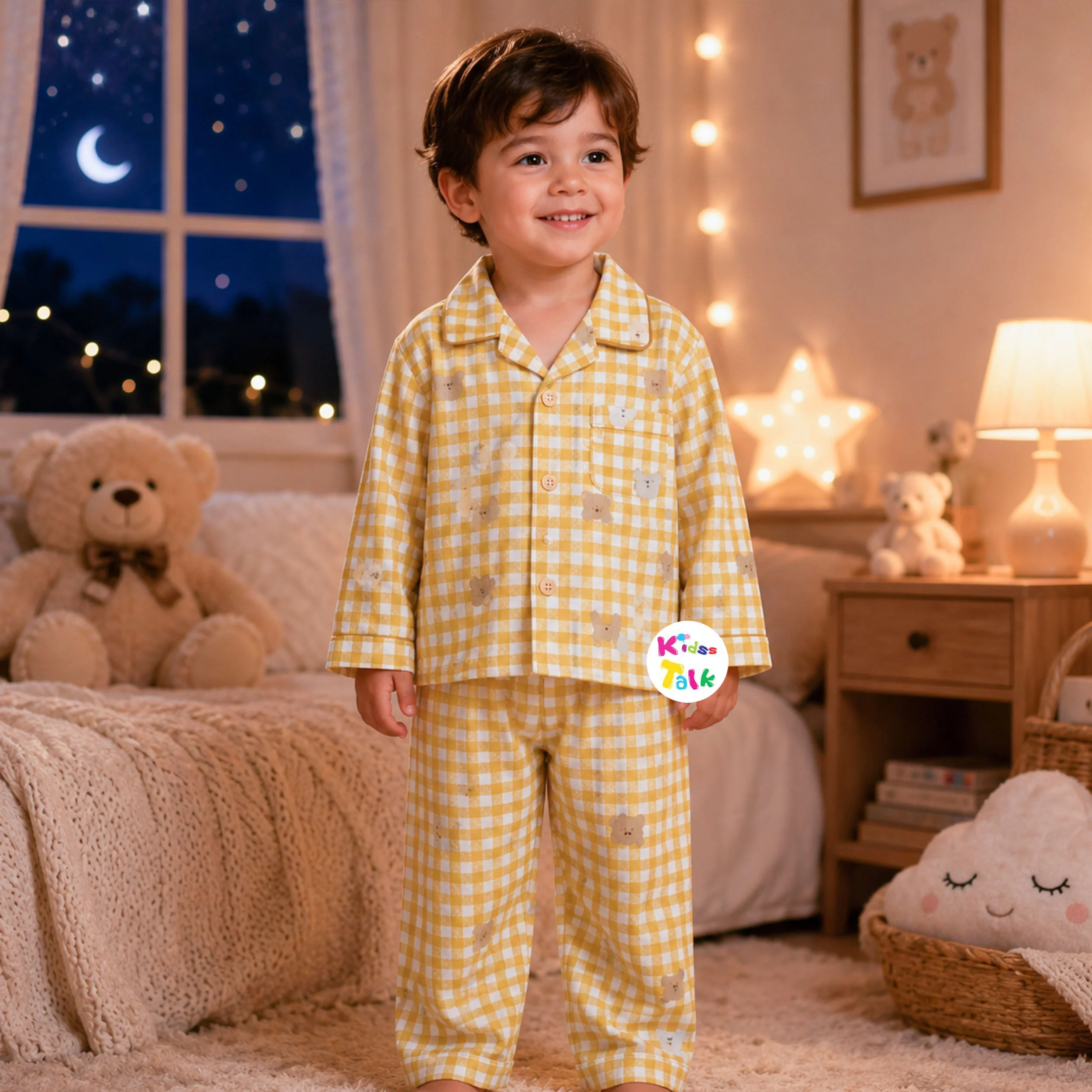 Cotton Full Sleeve Night Suit With Cute Print - Mustard