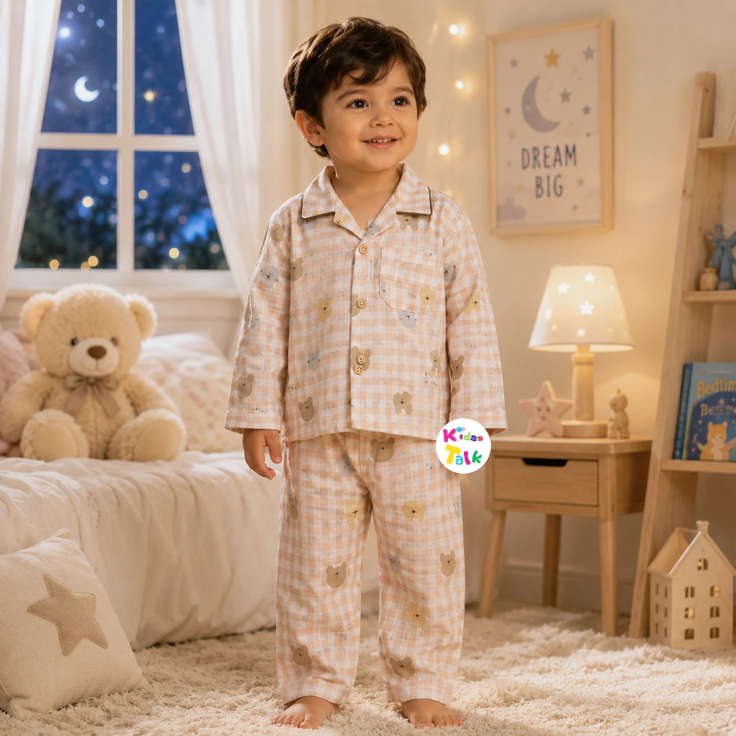 Cotton Full Sleeve Night Suit With Cute Print - Peach