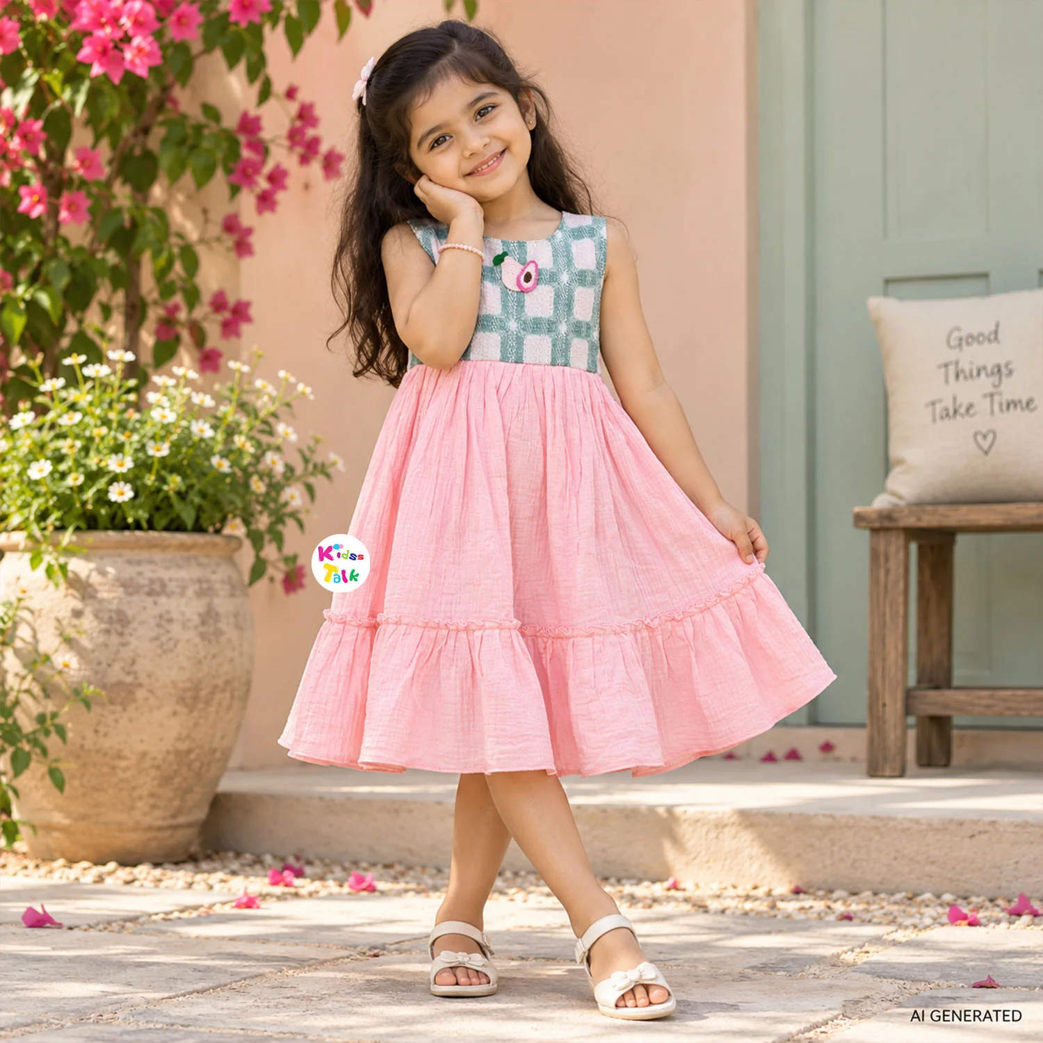 Cotton Sleeveless Frock With Cute Patch Work- Baby Pink