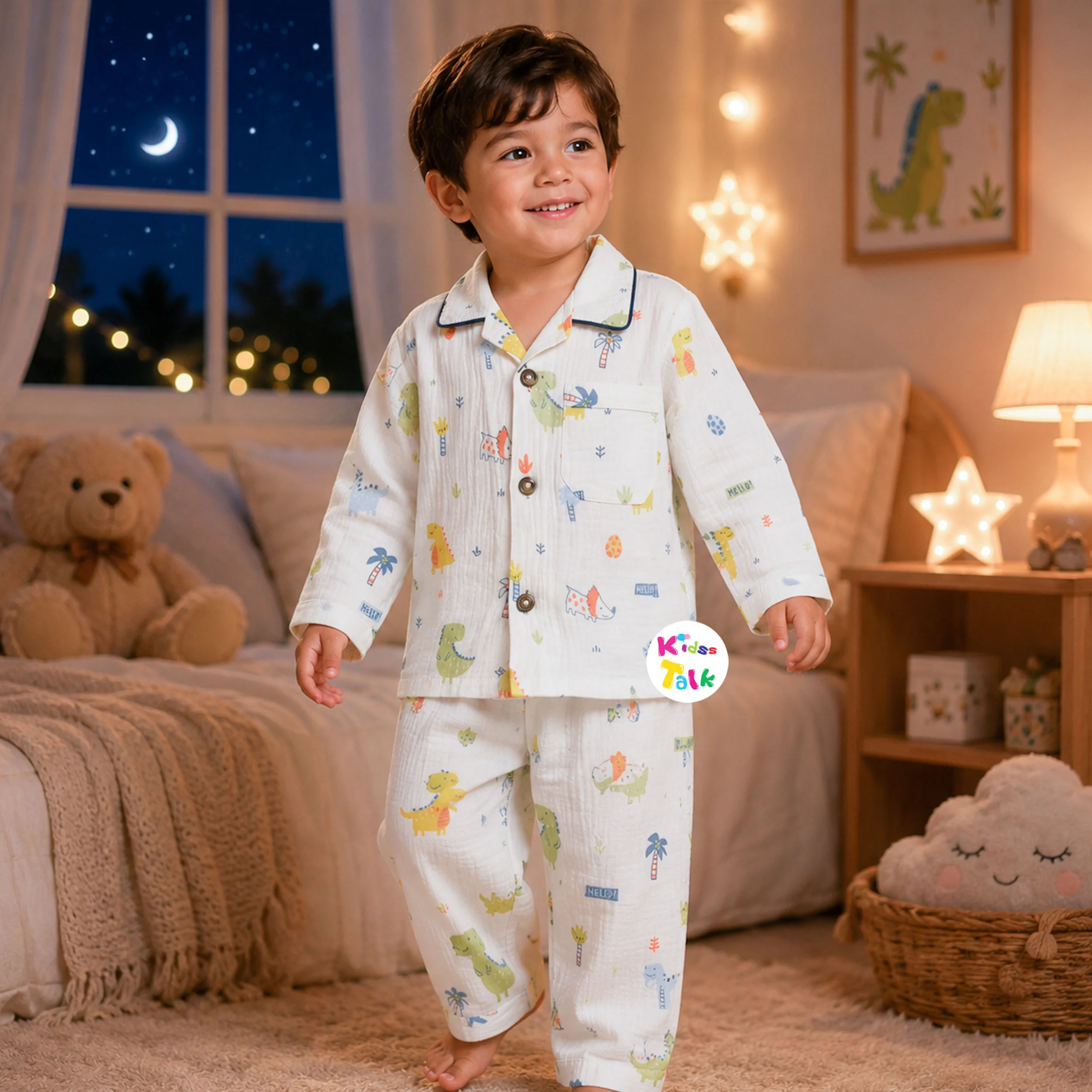 Muslin Full Sleeve Night Suit With Cute Print - White