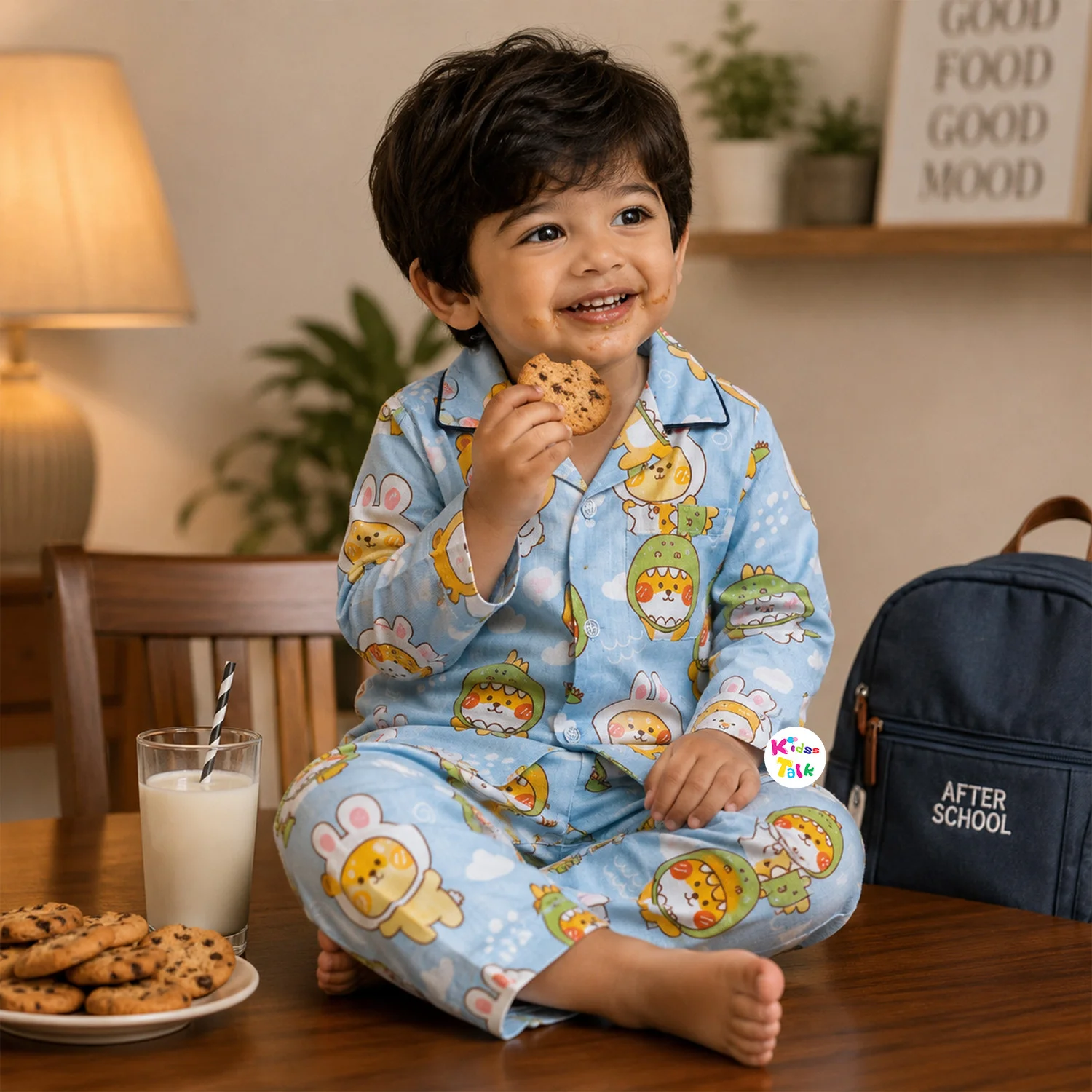 Muslin Half Sleeve Set With Cute Print - Blue