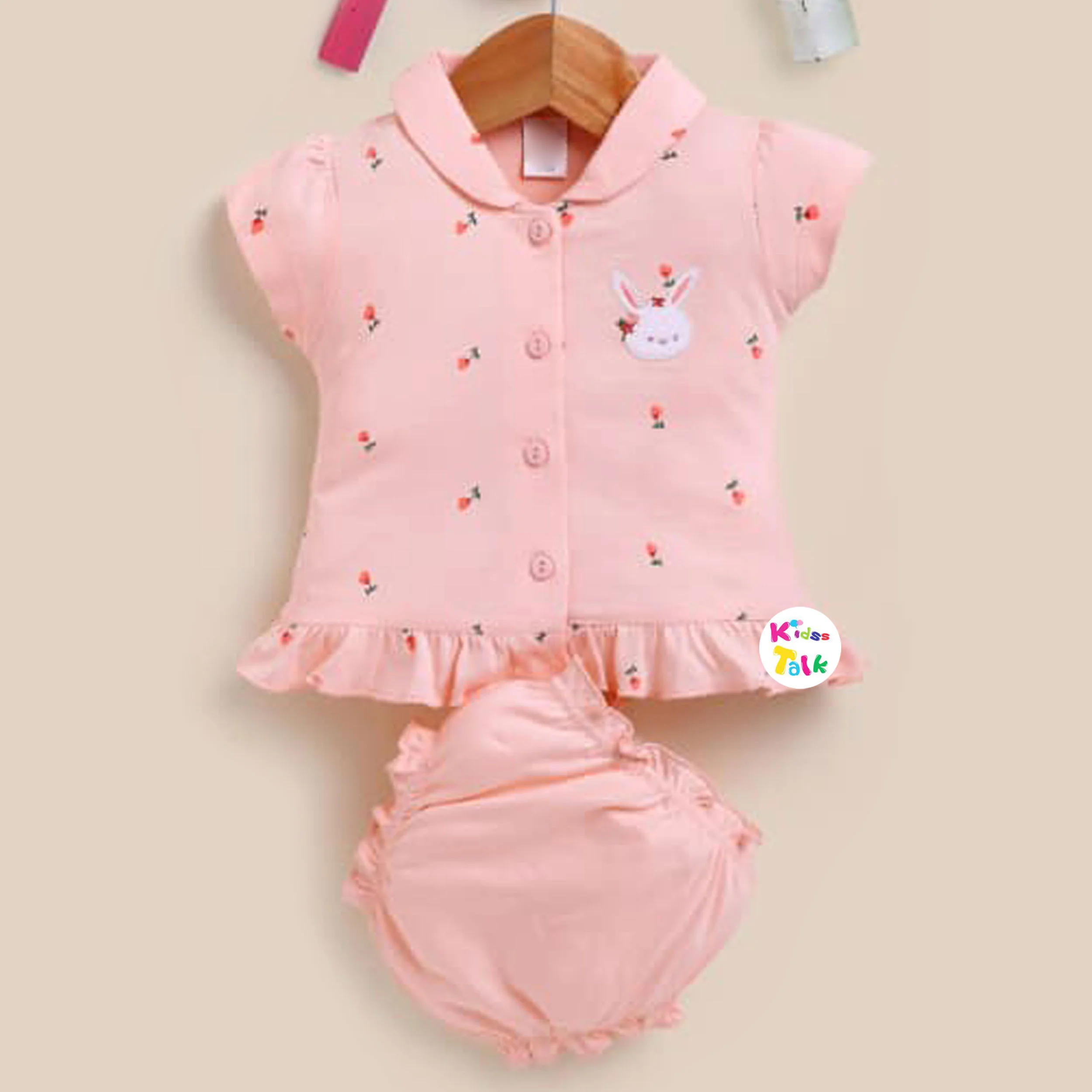 Cotton Knitted Half Sleeve Frock With Cute Print - Peach